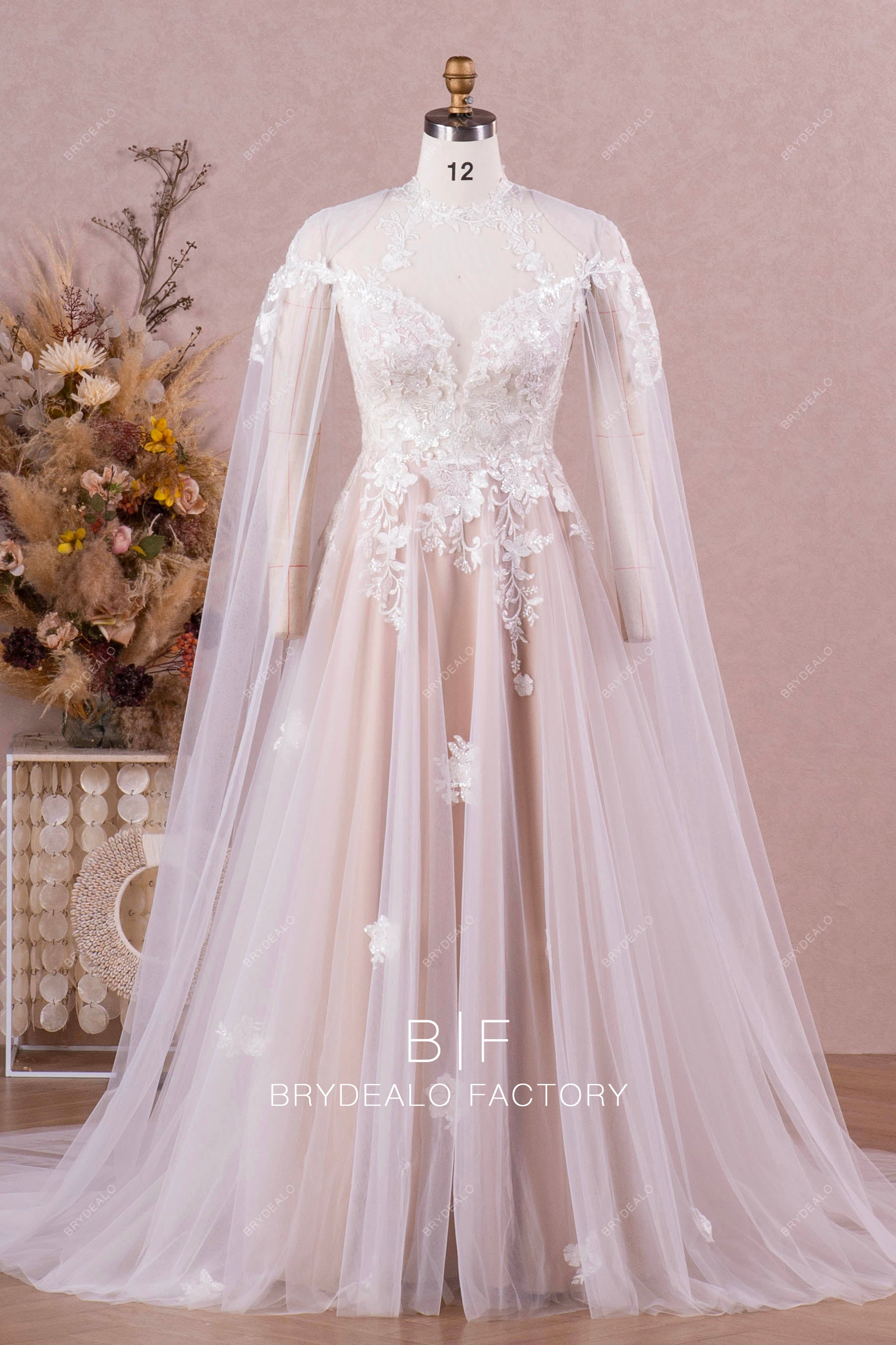 illusion high neck lace Aline wedding dress