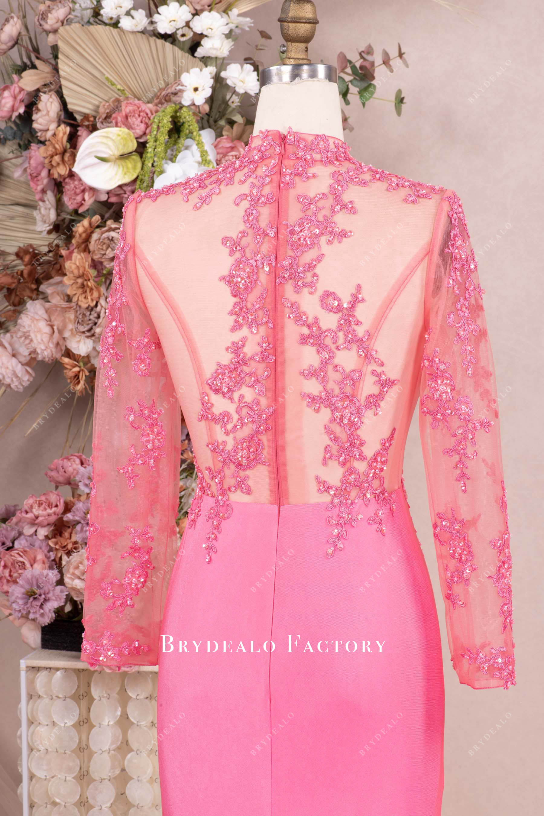 illusion lace sleeved prom dress