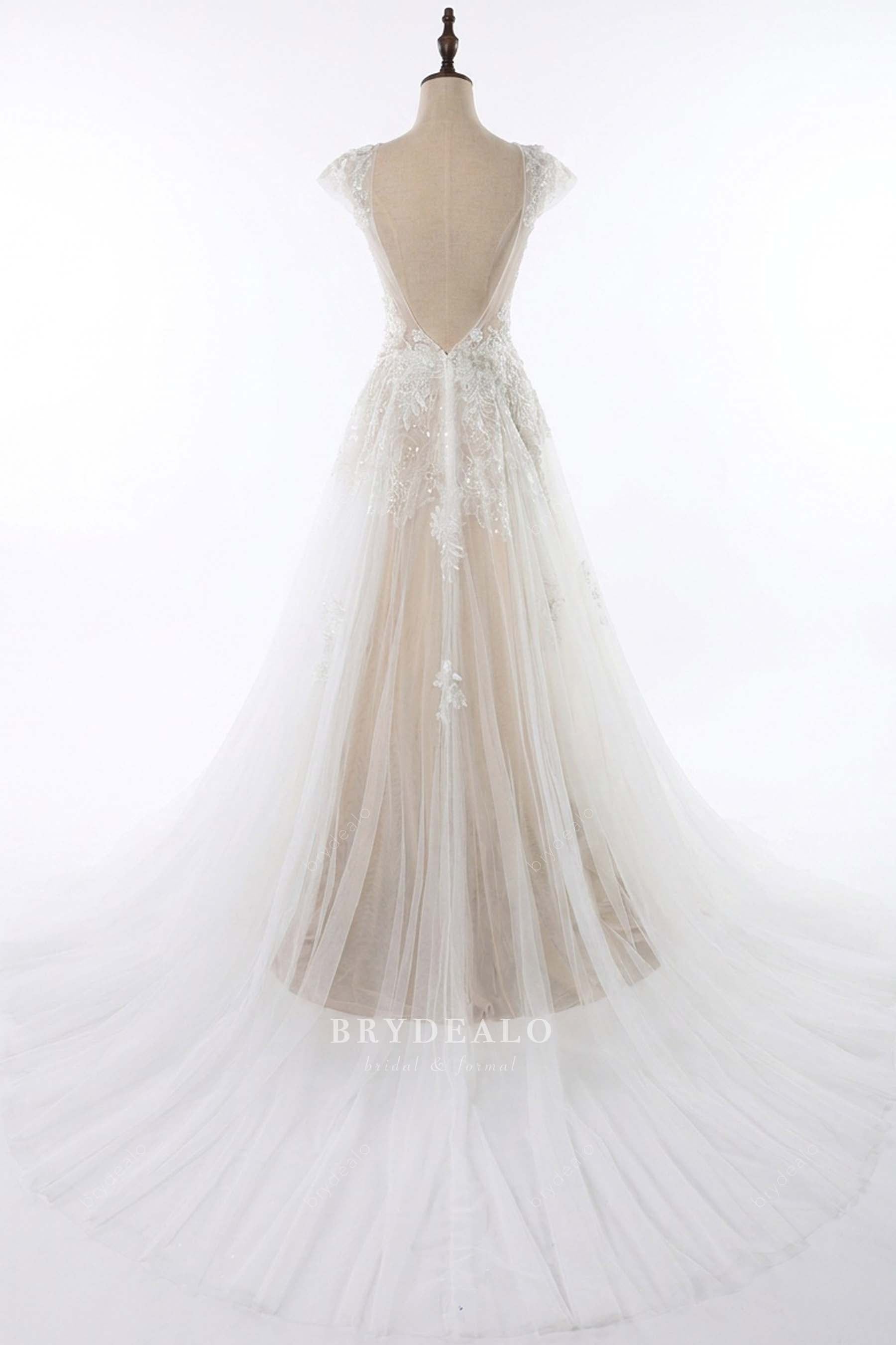 illusion long train wedding dress
