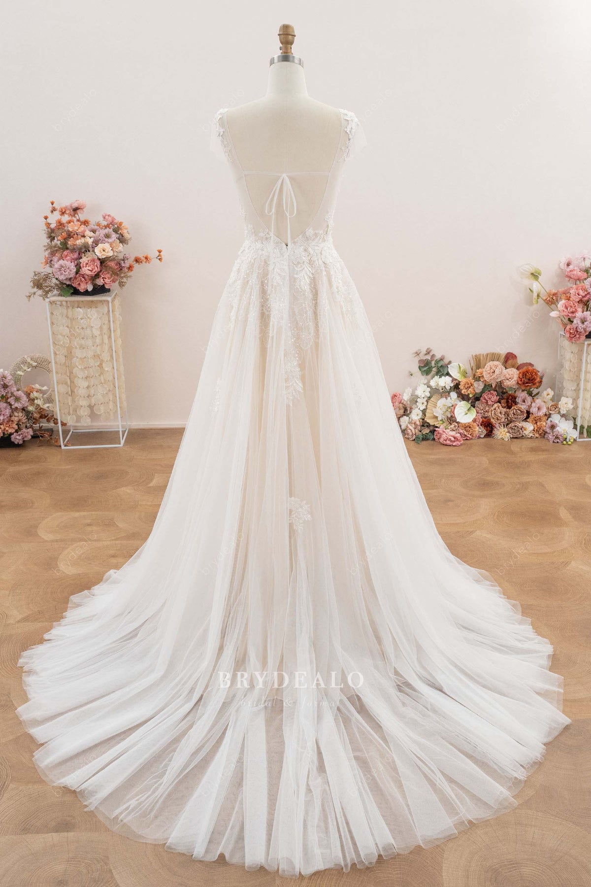 illusion long train wedding dress