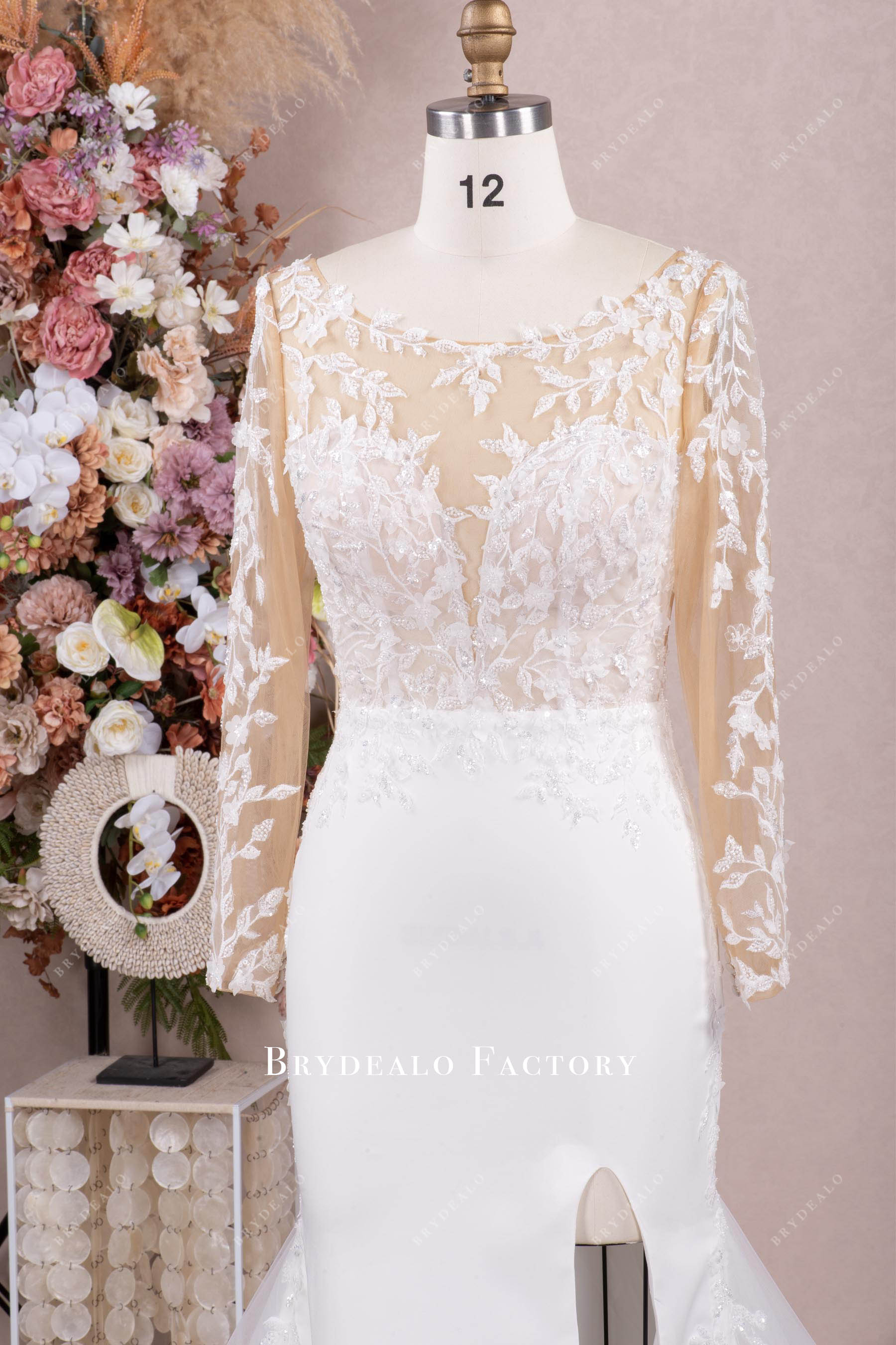 illusion neck beaded lace wedding dress