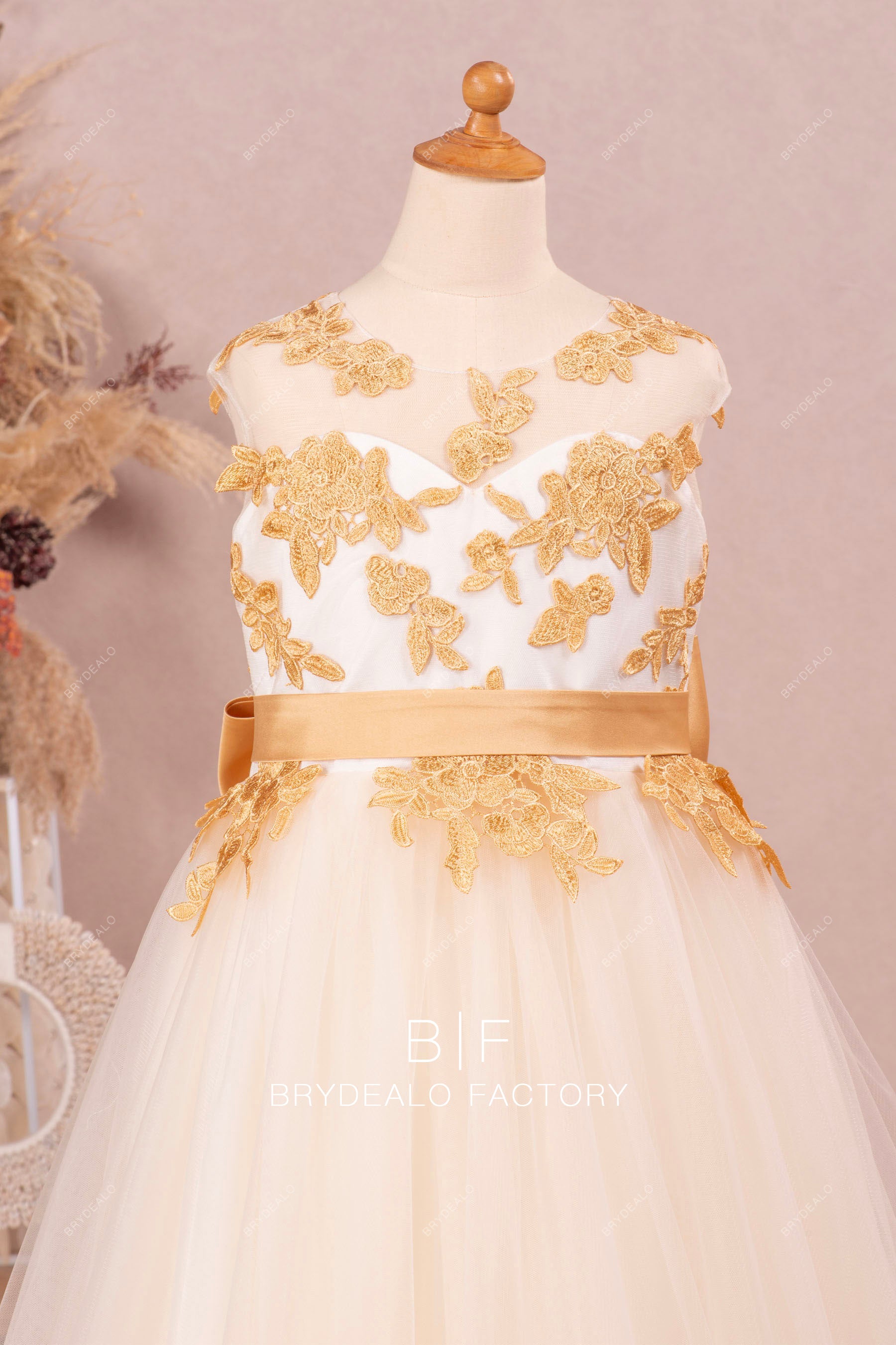 Detachable Knot Gold Lace A-Line Flower Girl Dress