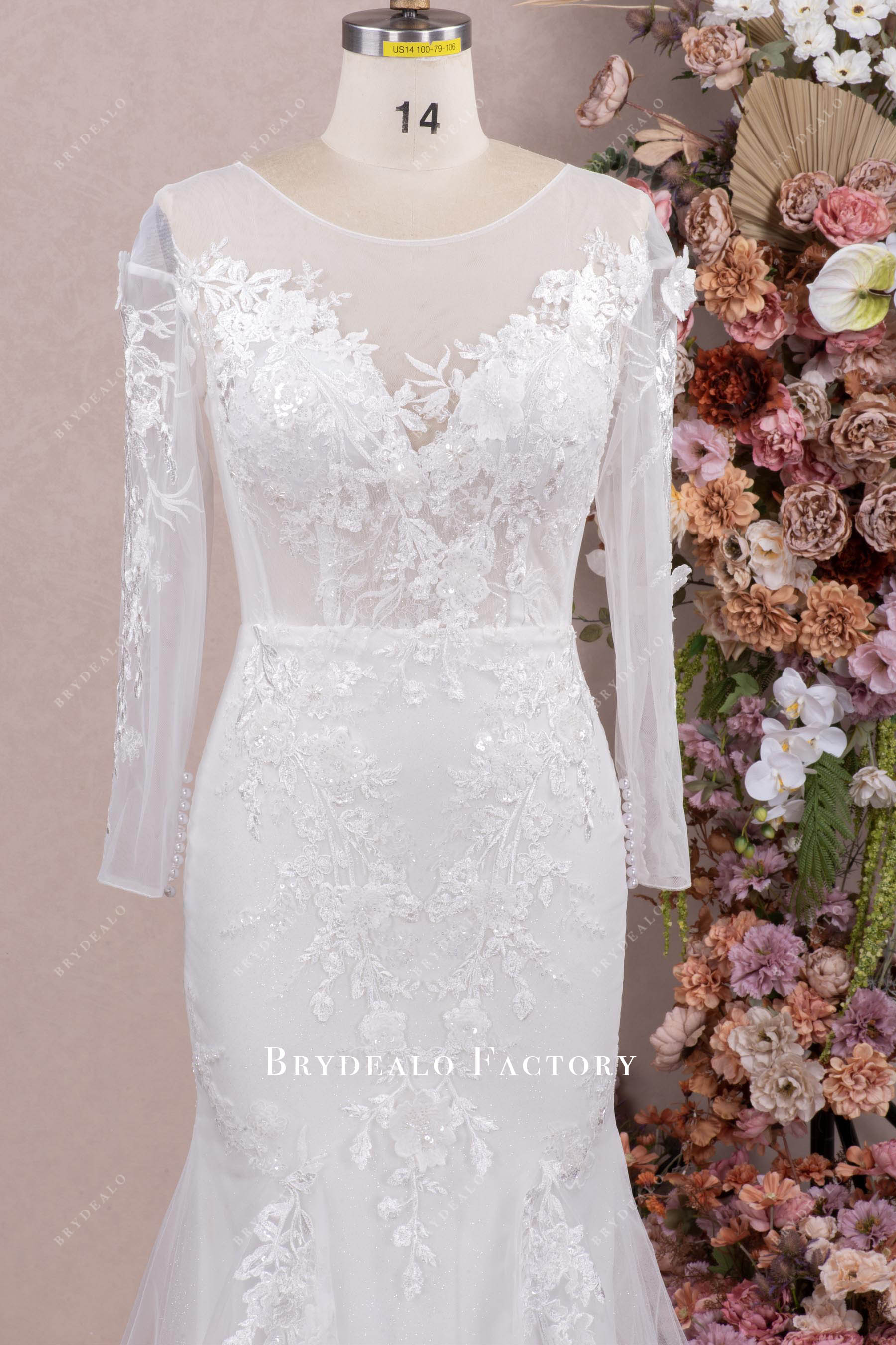 Illusion Neck Lace Long Sleeves Mermaid Chapel Train Wedding Dress Illusion Neck Lace Long Sleeves Mermaid Chapel Train Wedding Dress