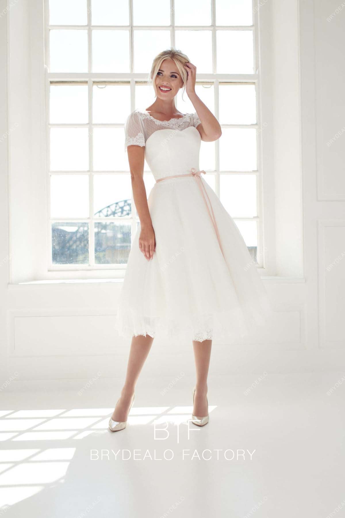 illusion neck short sleeves cute bridal dress