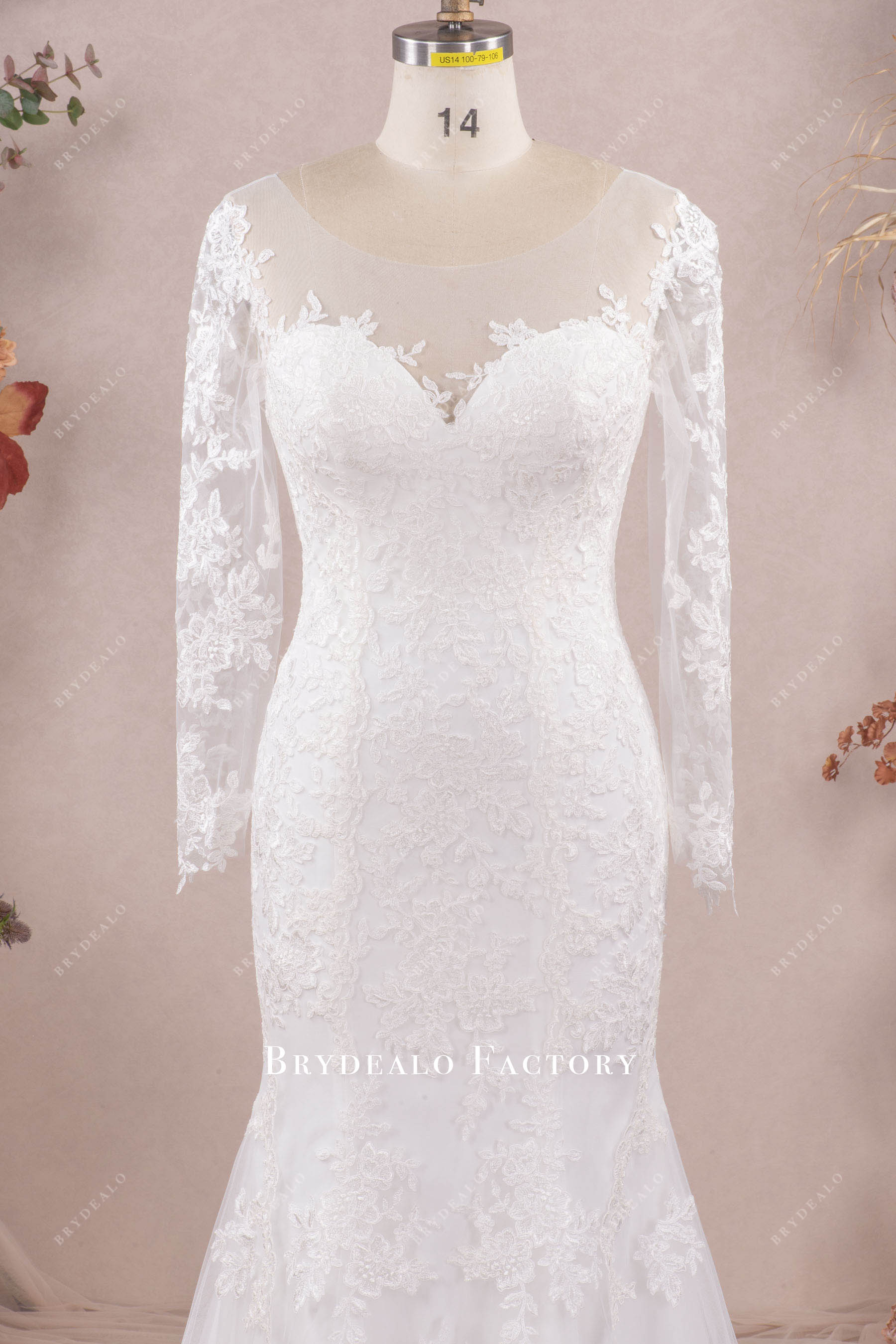 illusion neck sleeved wedding dress
