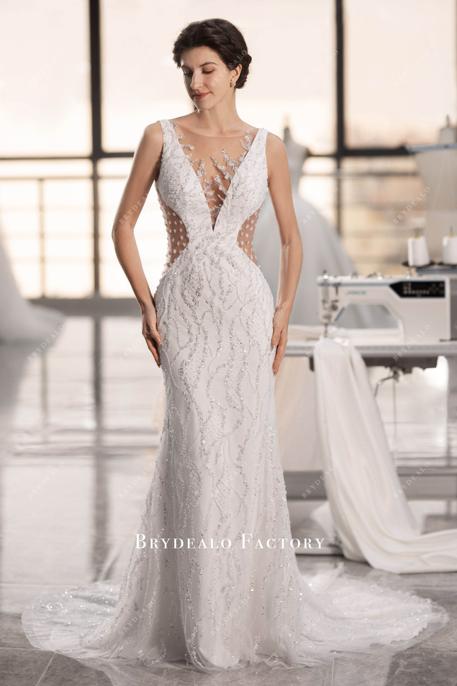 illusion neck sparkly lace wedding gown
