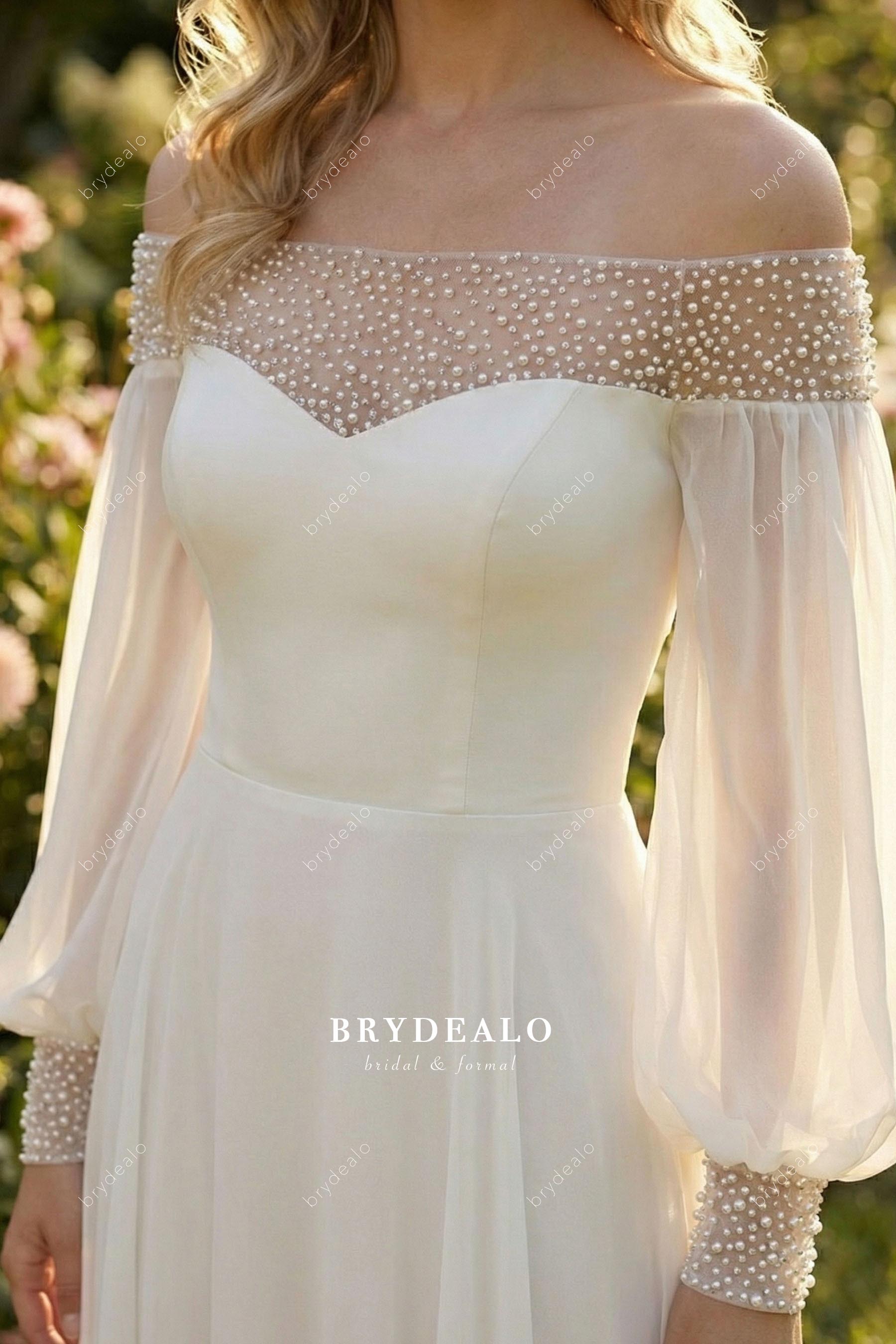 illusion pearl off shoulder wedding dress