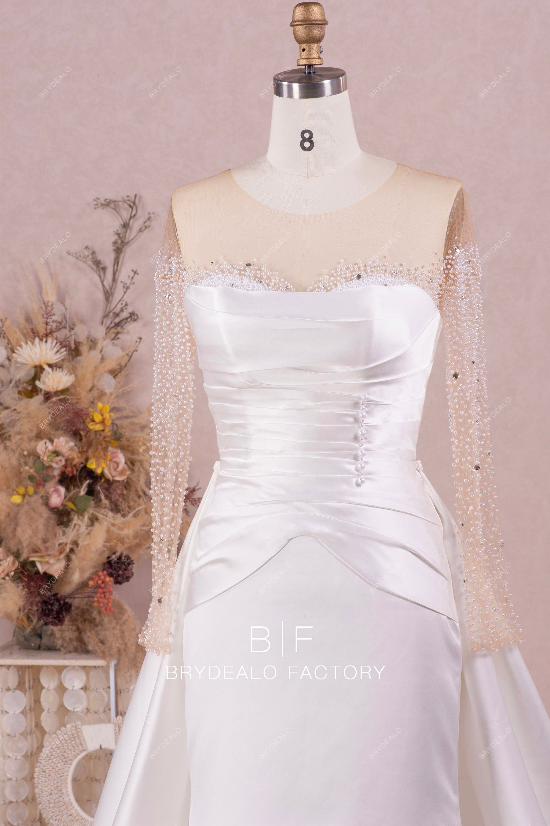 illusion pearl sleeve pleated wedding dress