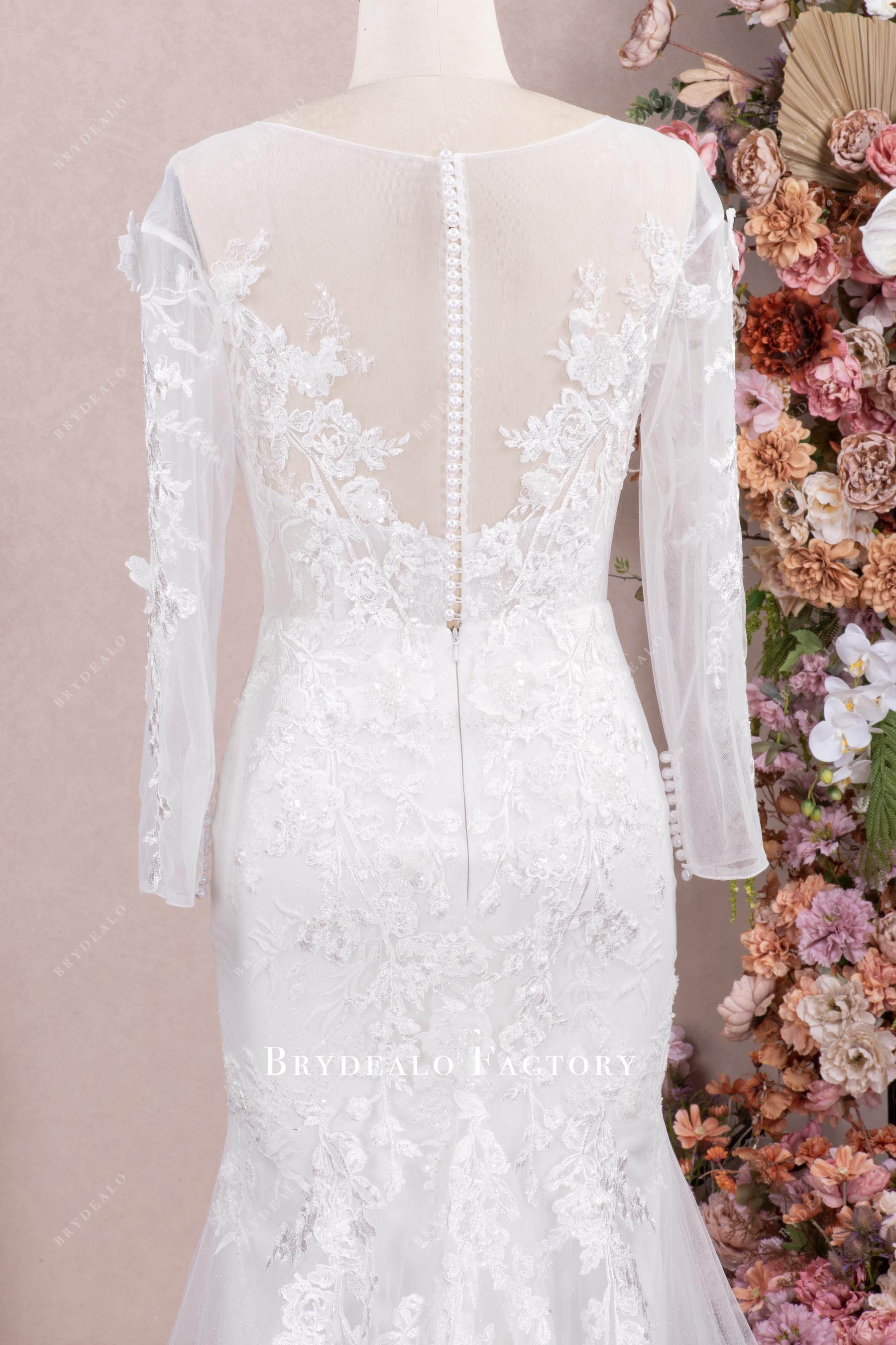 illusion satin button back wedding gown