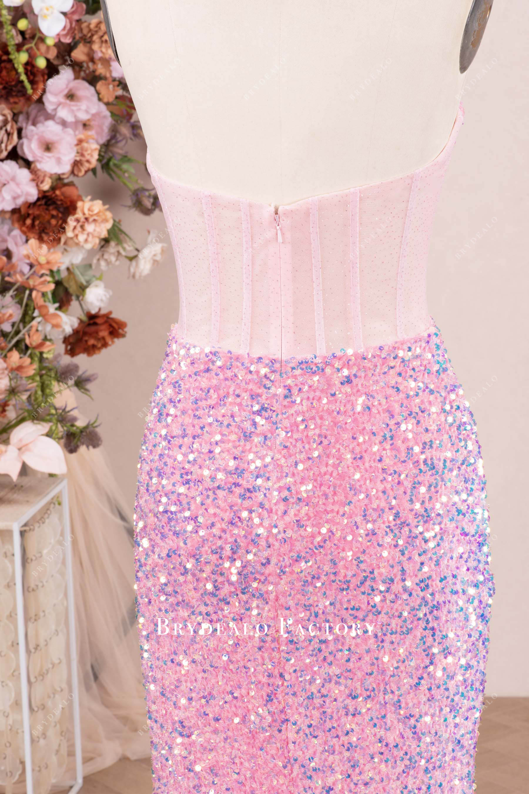 illusion shimmery back prom dress