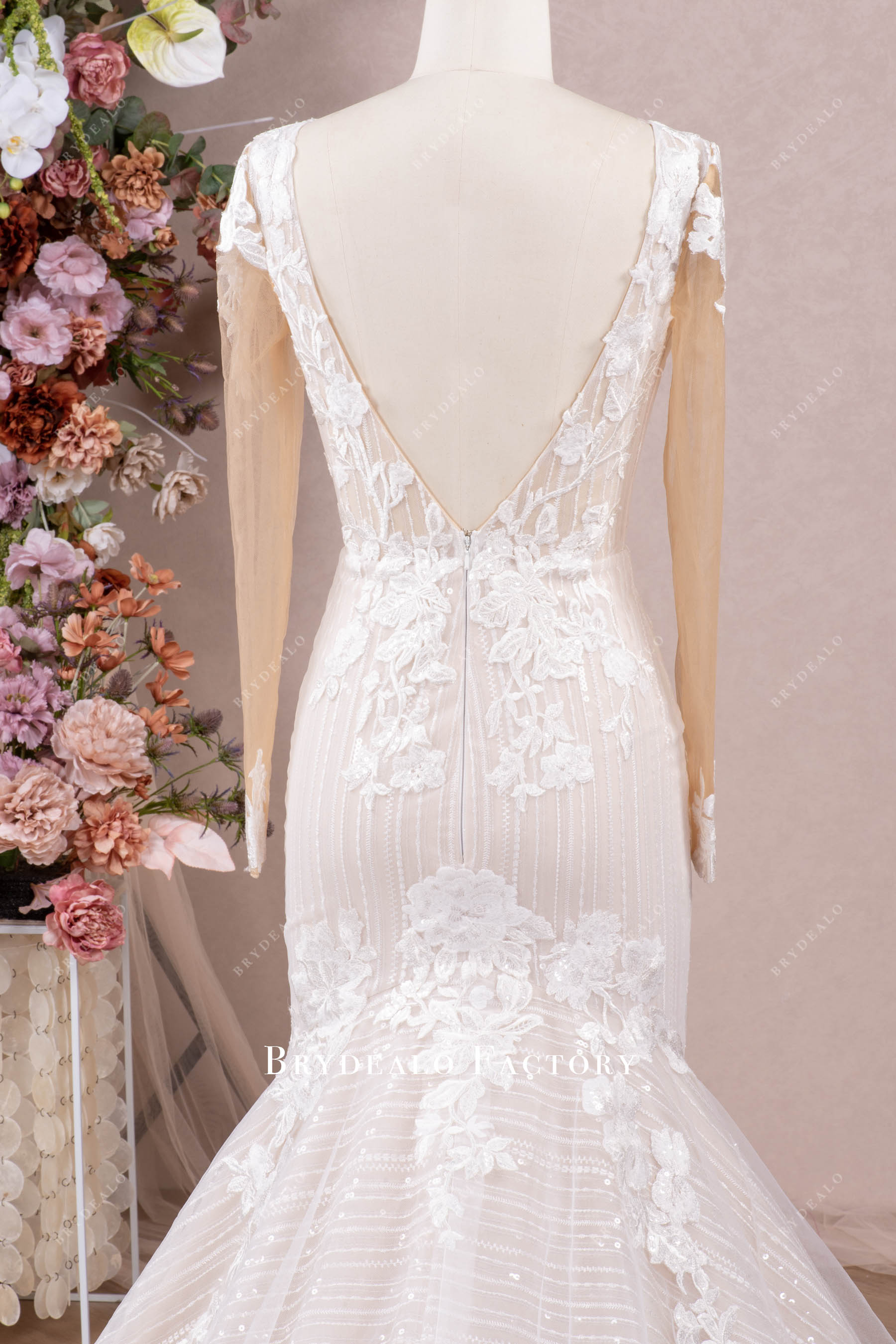 illusion sleeve V-back wedding dress