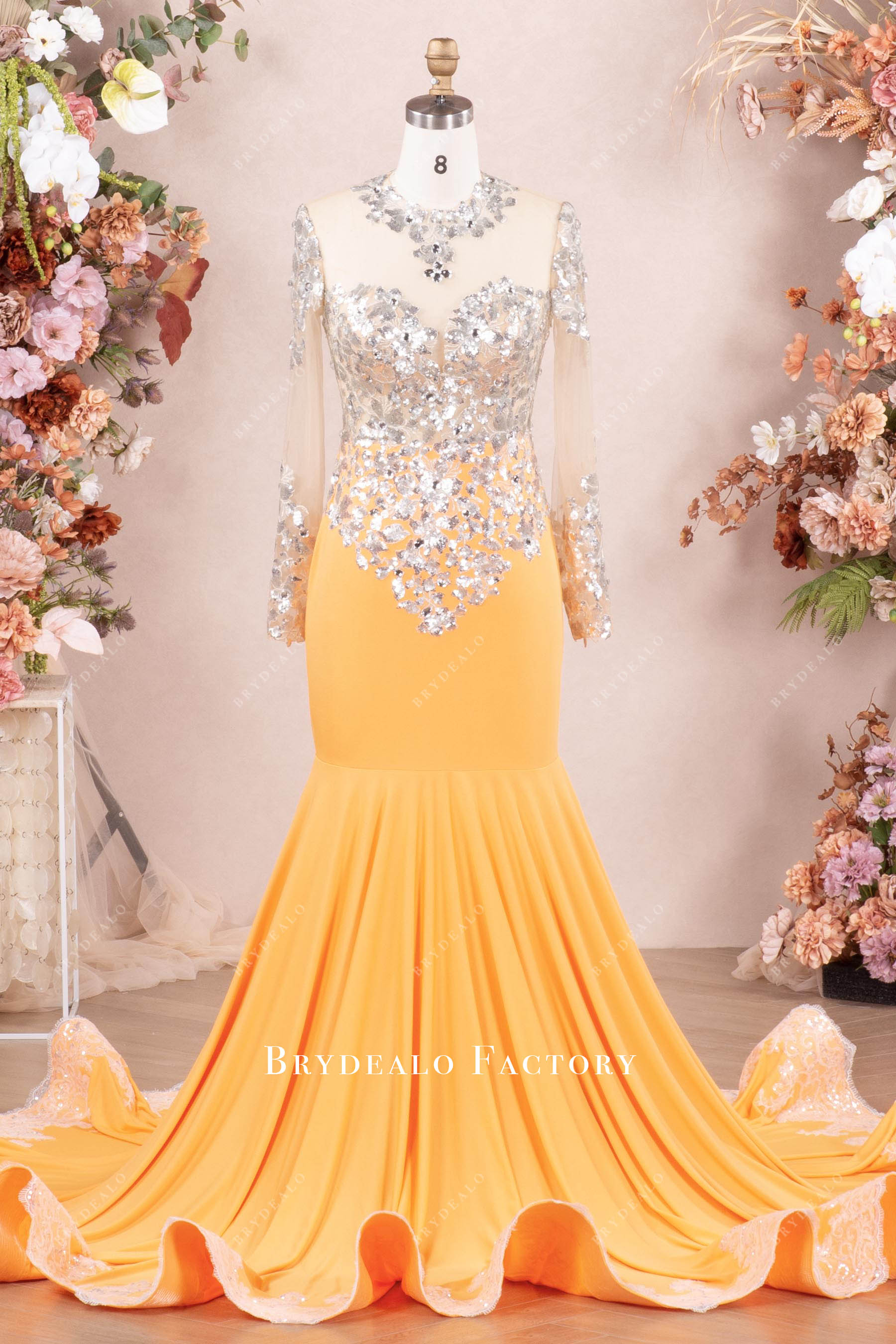 illusion sleeve jersey mermaid prom dress