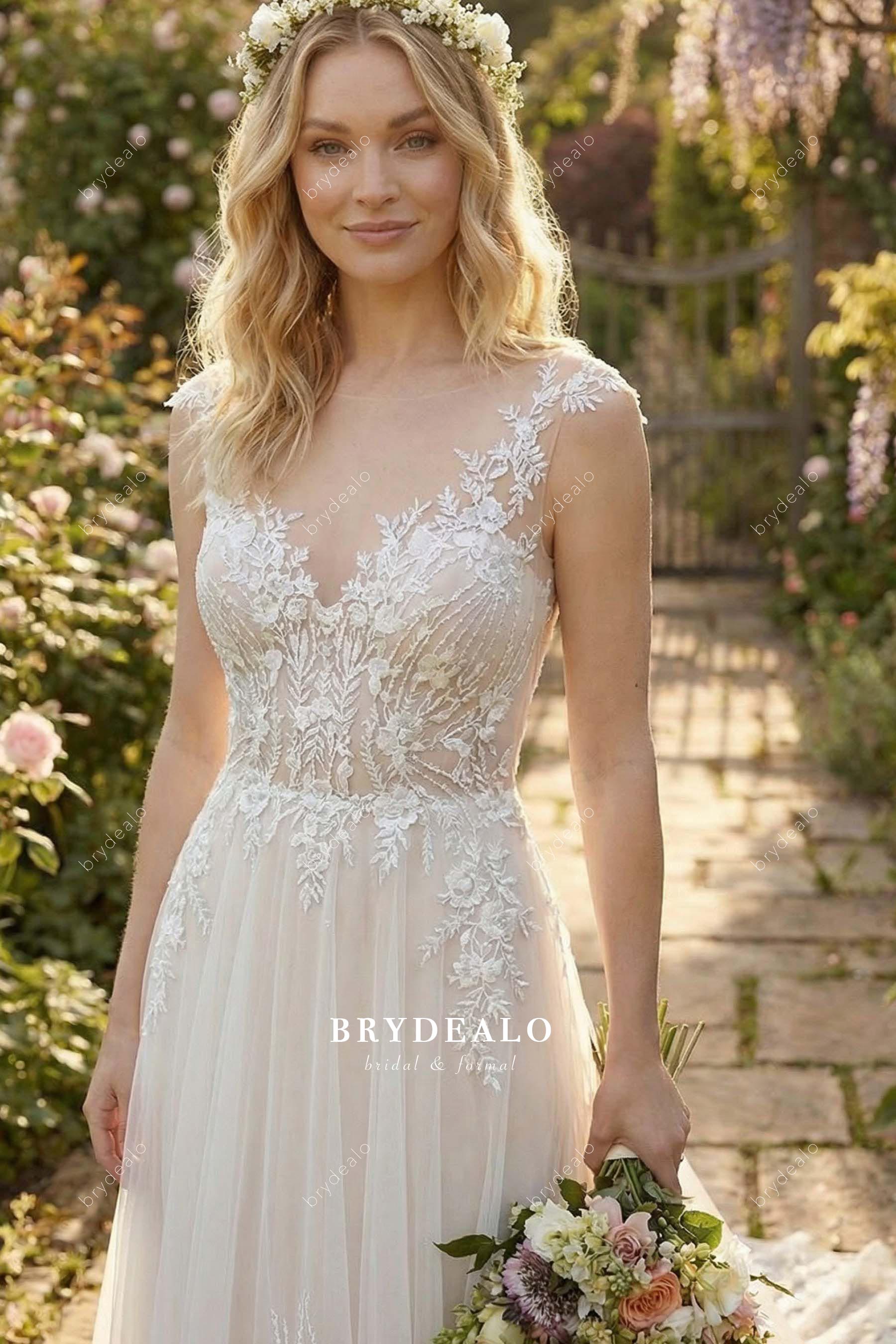illusion v neck lace a line wedding dress