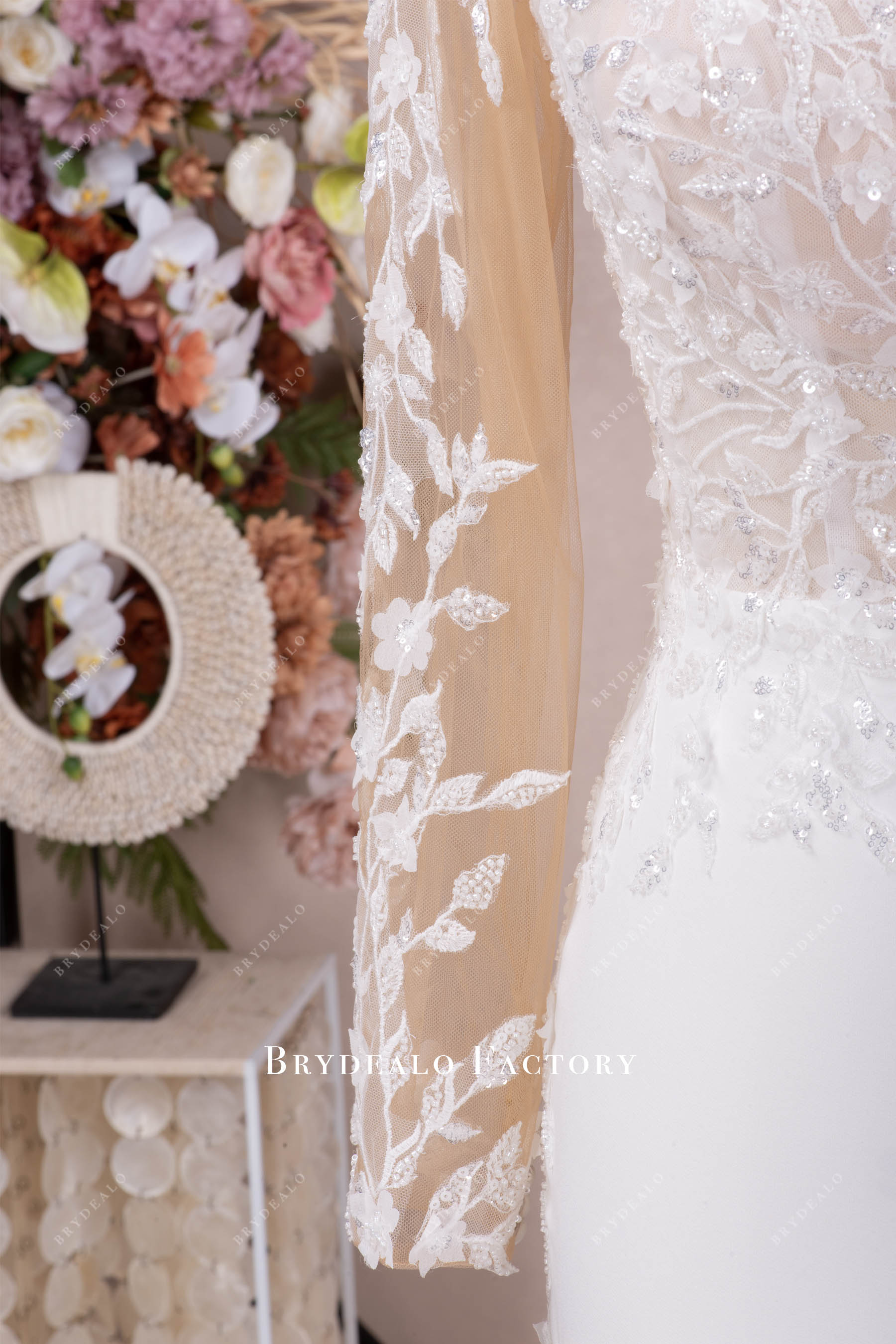 illusion nude tulle beaded lace wedding gown