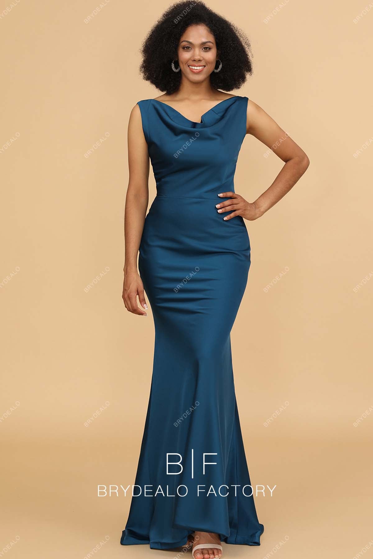 Ink Blue Satin Cowl Neck Bridesmaid Formal Dress