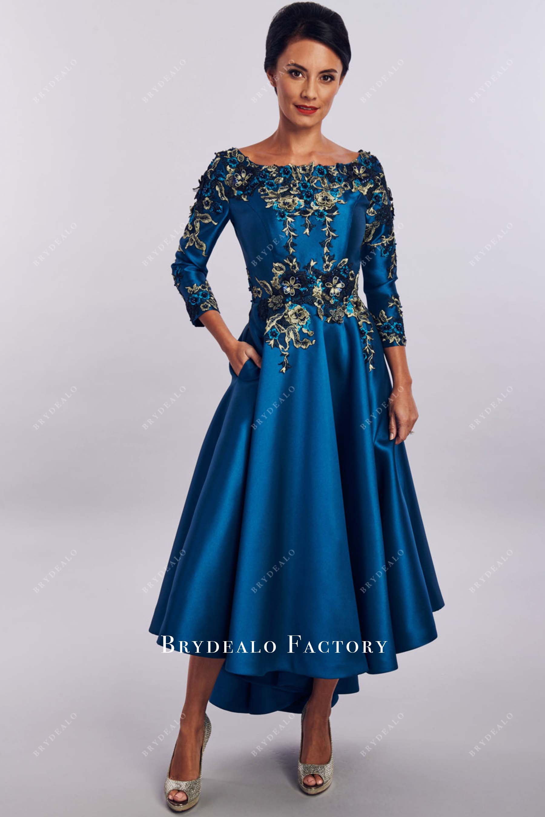 ink blue lace appliques mother of bride dress