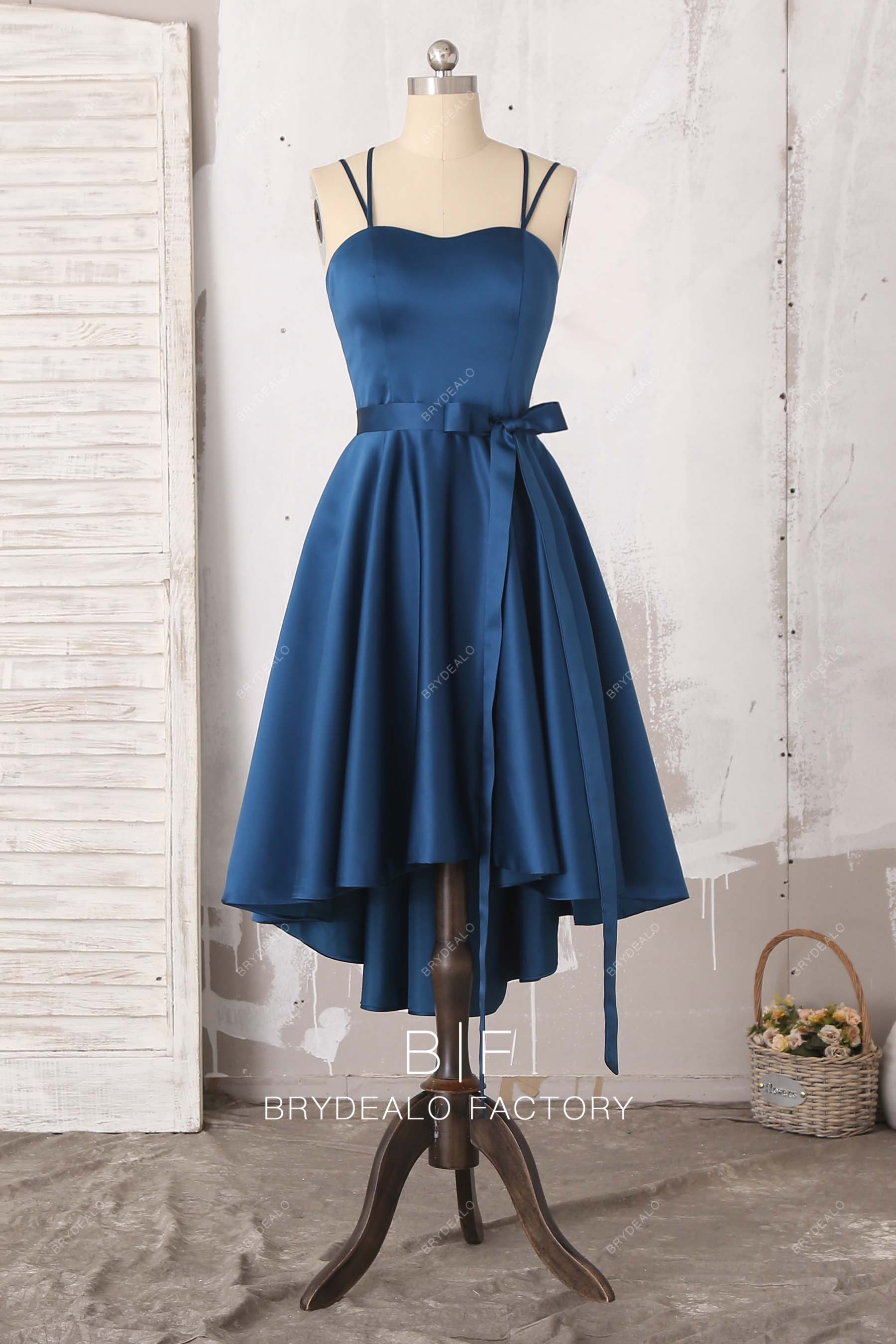 ink blue satin high-low bridesmaid dress