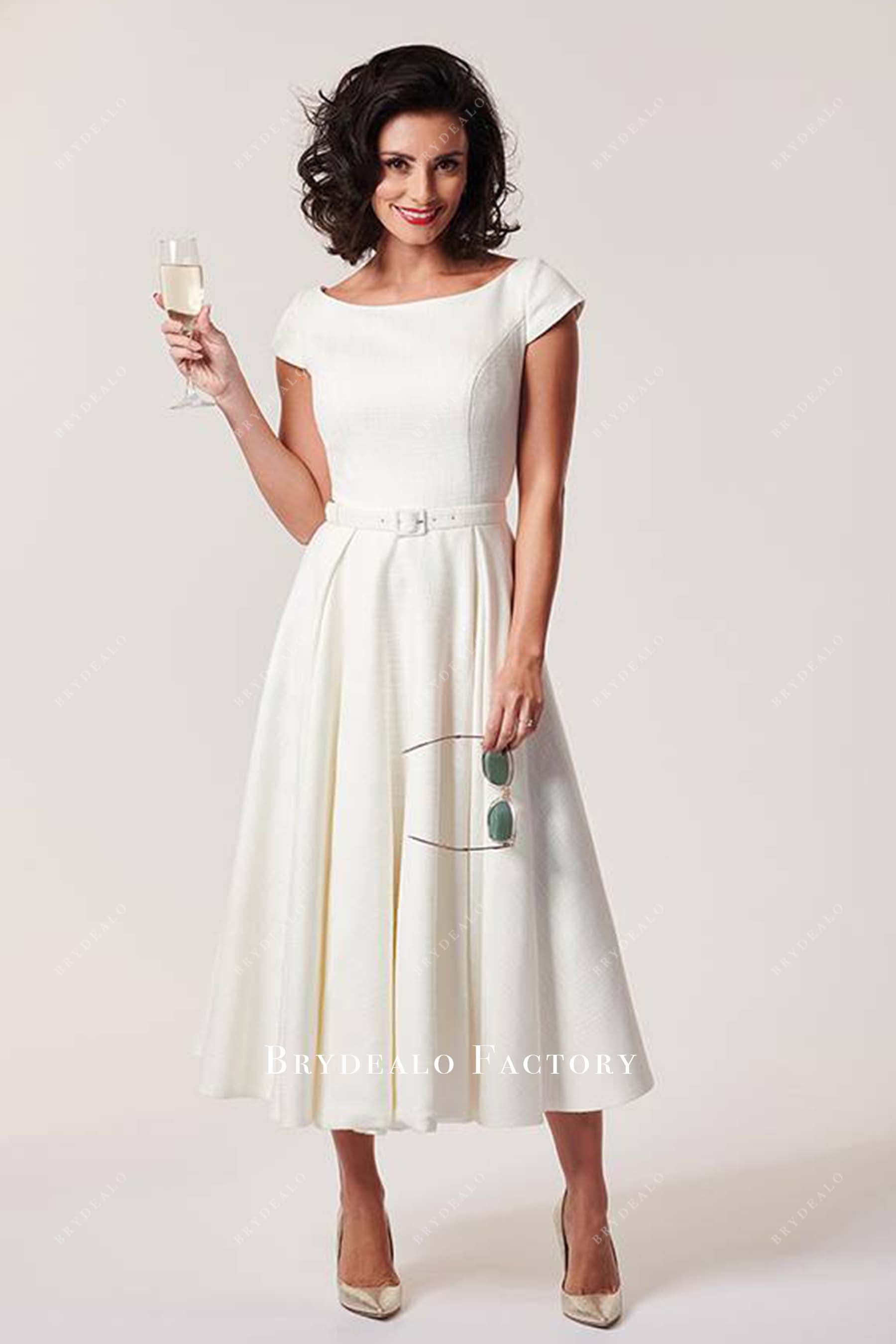 Ivory Cap Sleeves A-Line Tea Length Mother Of Bride Dress Ivory Cap Sleeves A-Line Tea Length Mother Of Bride Dress