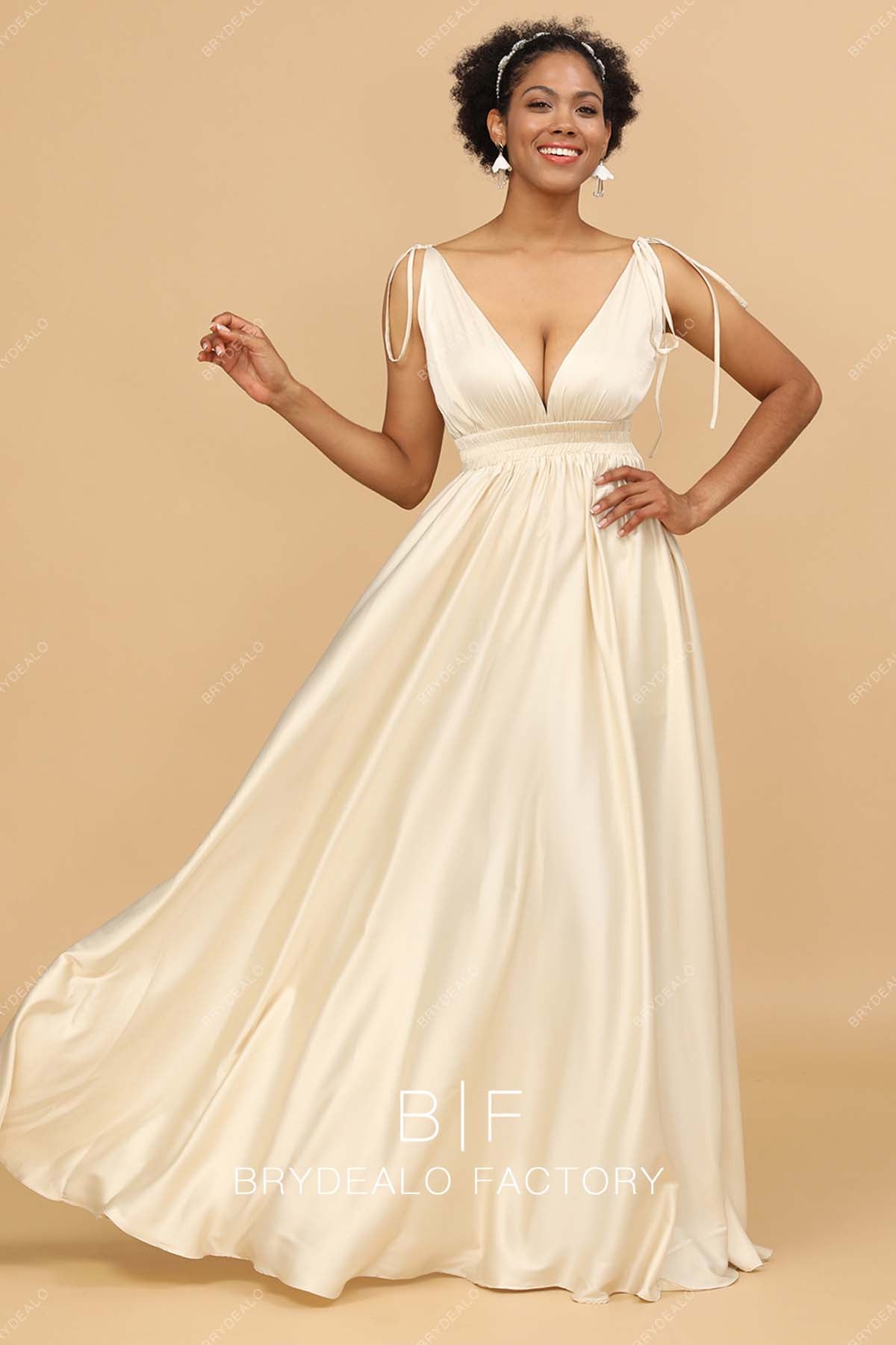 Ivory Empire Waist V-neck Sleeveless Satin Bridesmaid Gown
