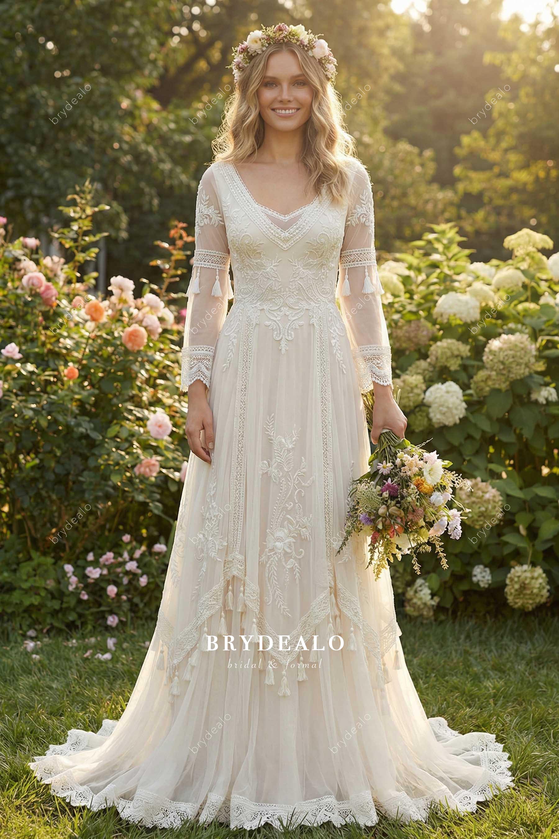 Boho Lace Deep V-Neck A-Line Wedding Dress