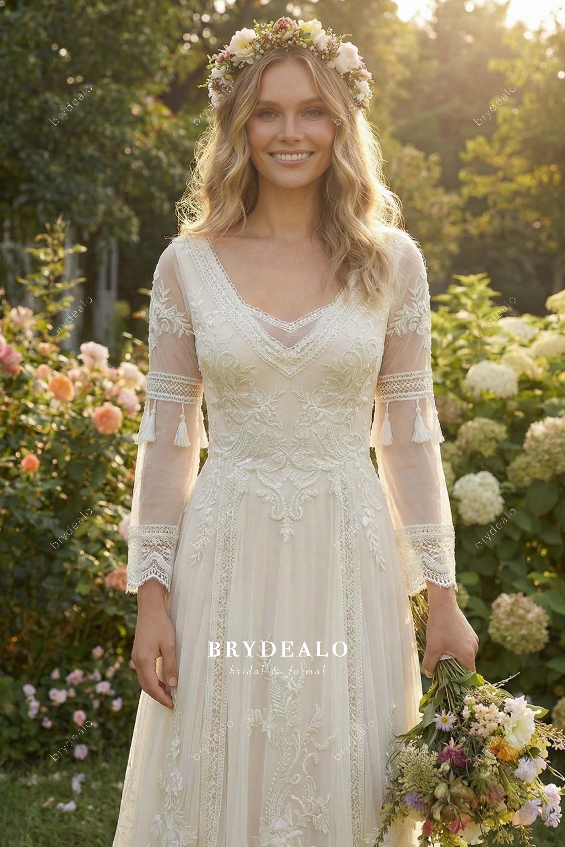 ivory lace illusion sleeves wedding dress