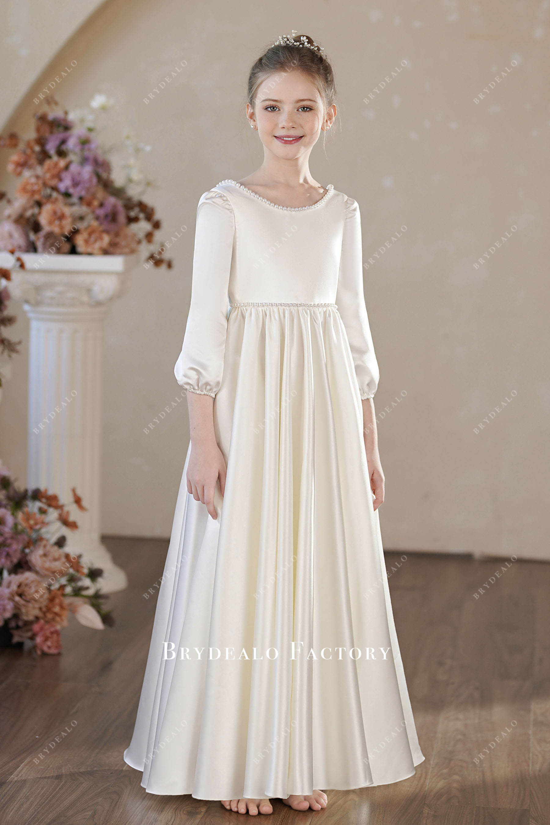 ivory satin long sleeve flower girl dress