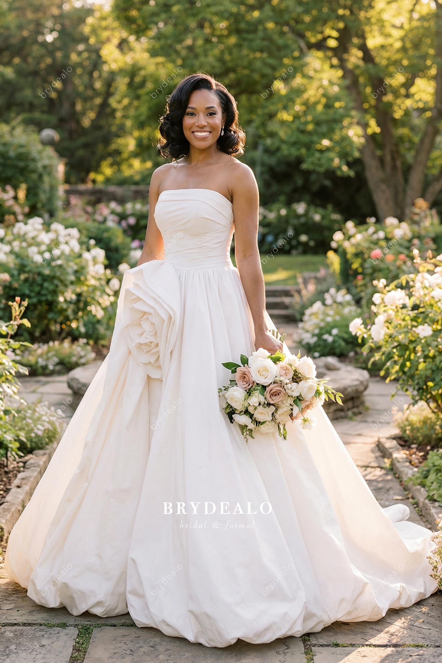 Strapless Pleated 3D Floral Taffeta A-Line Wedding Dress Red