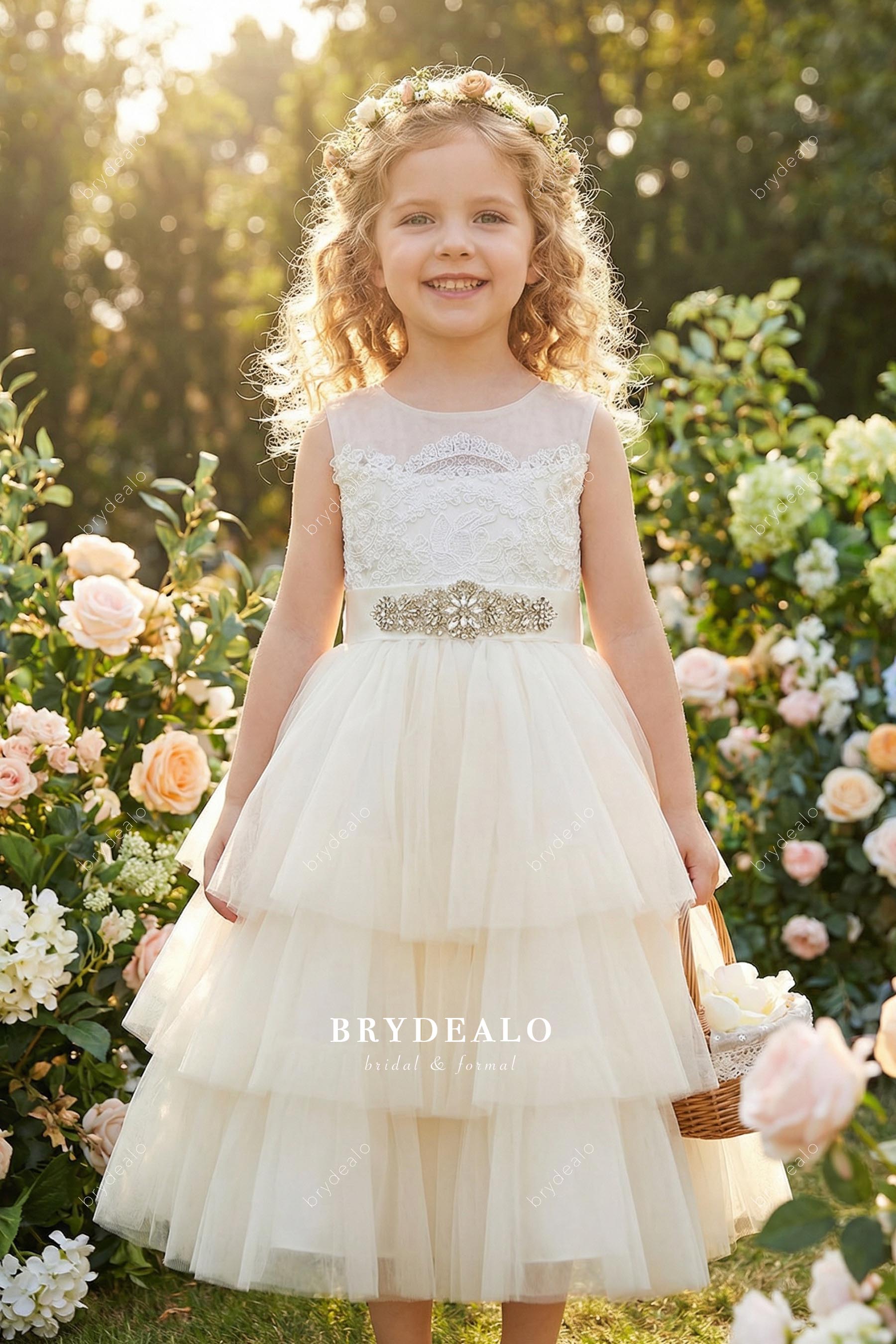 Ivory Sleeveless Tiered Tulle Tea Length Flower Girl Dress Ivory Sleeveless Tiered Tulle Tea Length Flower Girl Dress