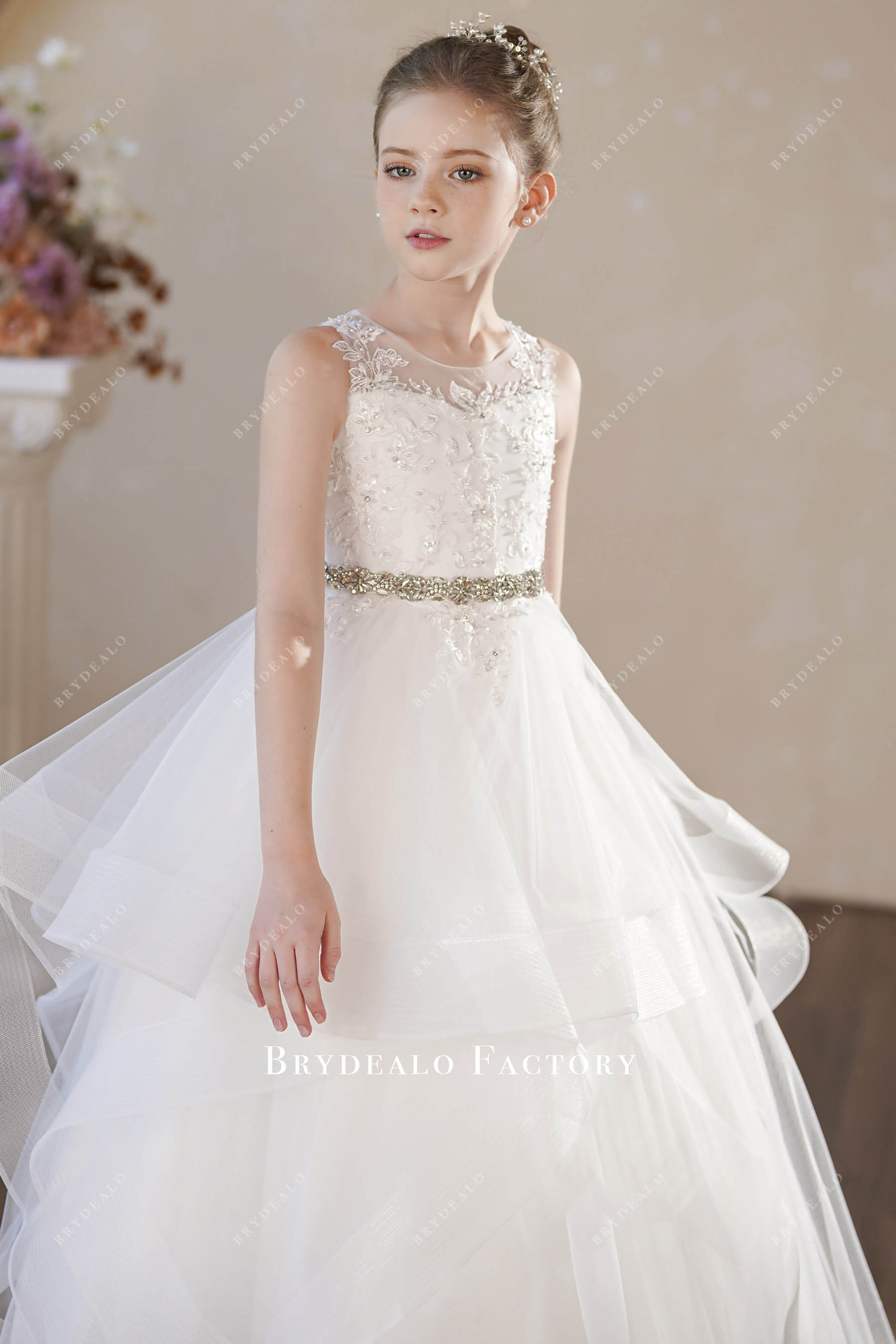 Fine Beaded Lace Ruffled Tulle First Communion Dress Fine Beaded Lace Ruffled Tulle First Communion Dress