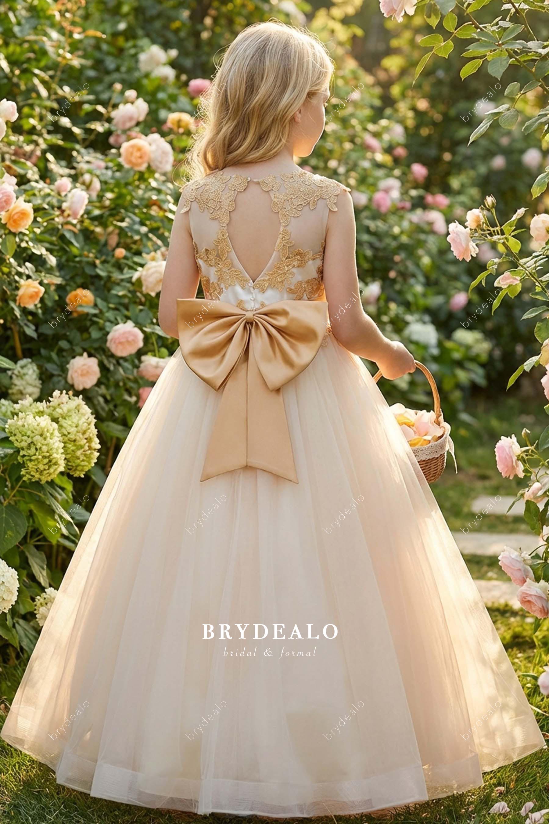 green emerald velvet dress Gorgeous Gold Lace Organza Half Sleeve Cute Flower Girl Dresses, FGS08 –  AlineBridal main image 1