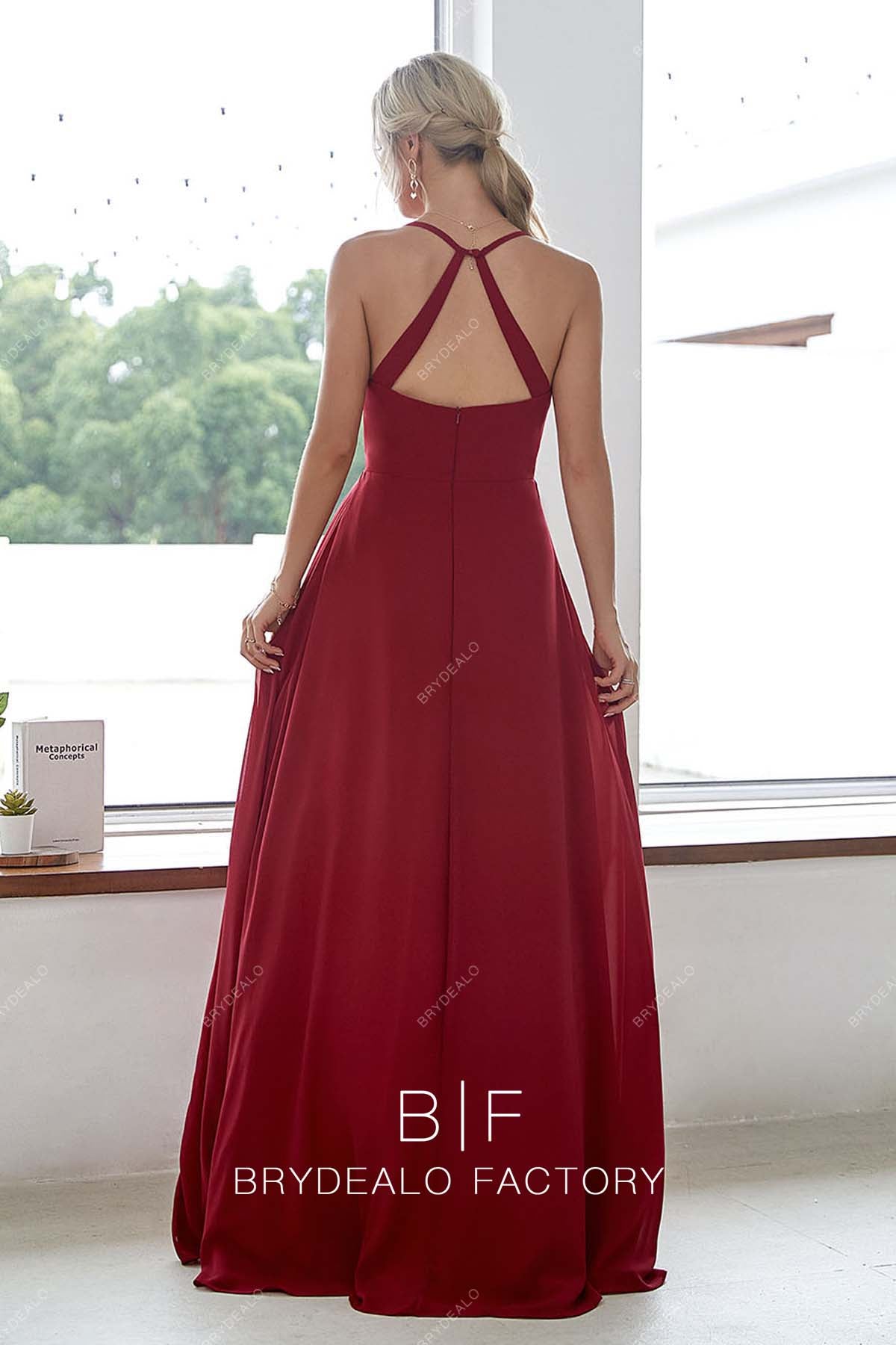 keyhole back floor length burgundy bridesmaid gown