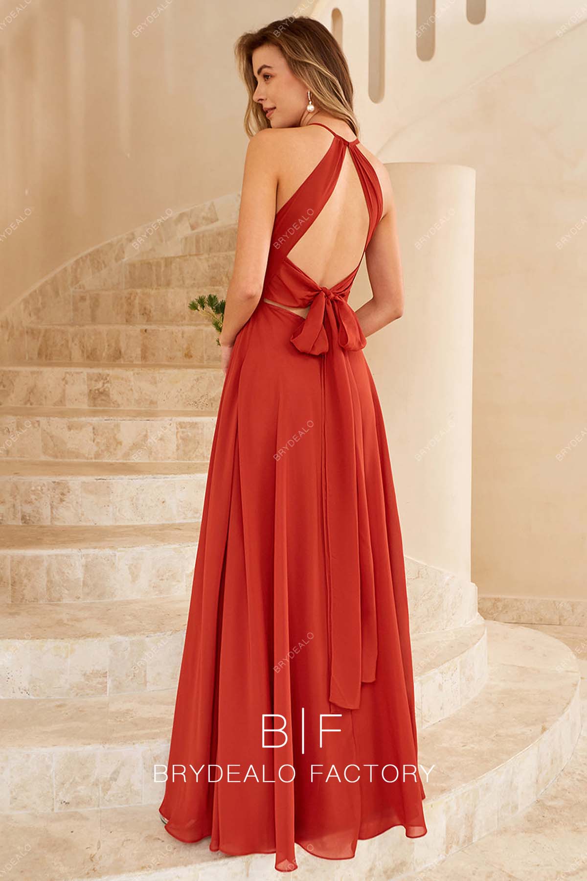 keyhole back selftie floor length chiffon bridesmaid dress