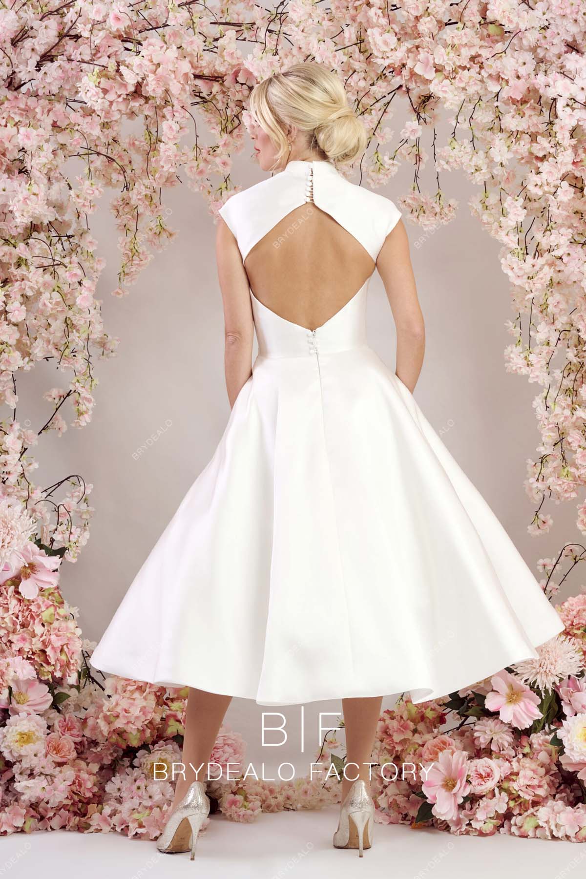 keyhole back tea length wedding gown