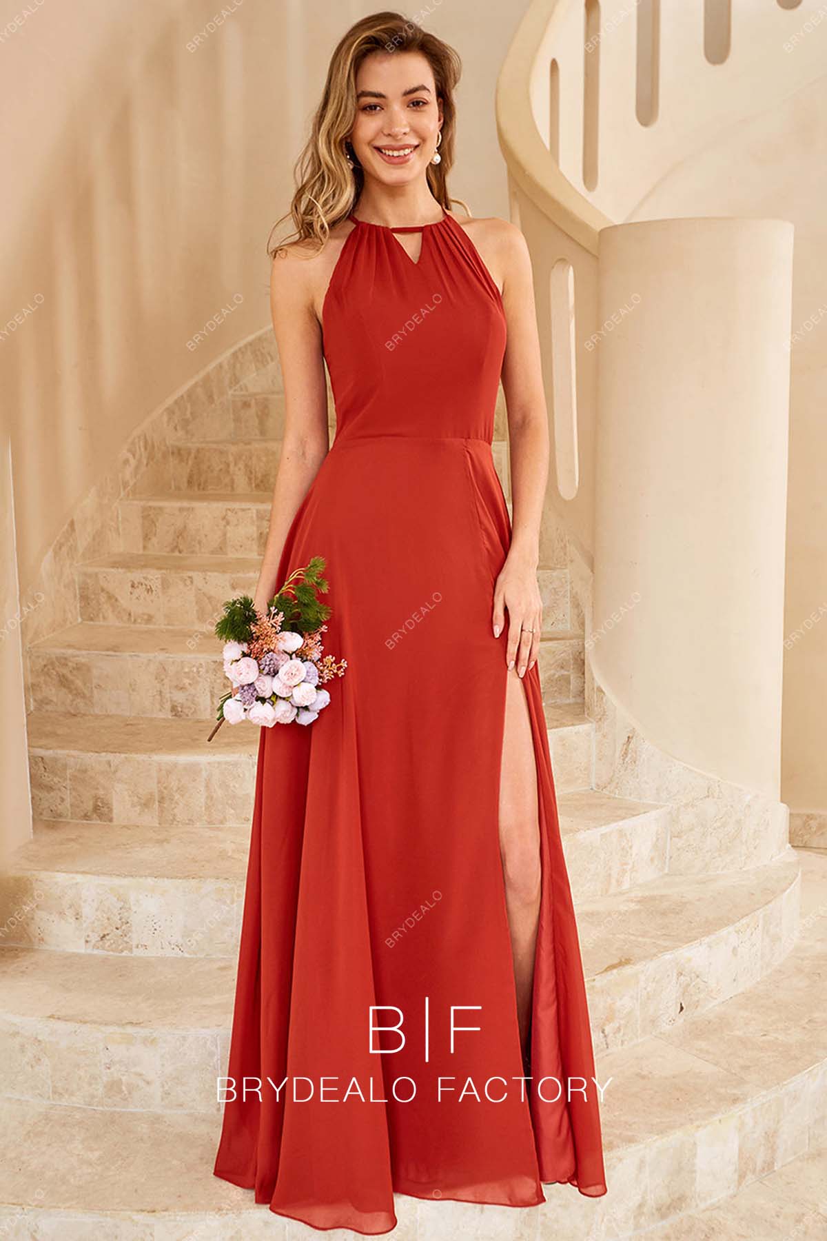 Red Keyhole Neck Chiffon Cutout Back Slit A-line Bridesmaid Dress Red Keyhole Neck Chiffon Cutout Back Slit A-line Bridesmaid Dress