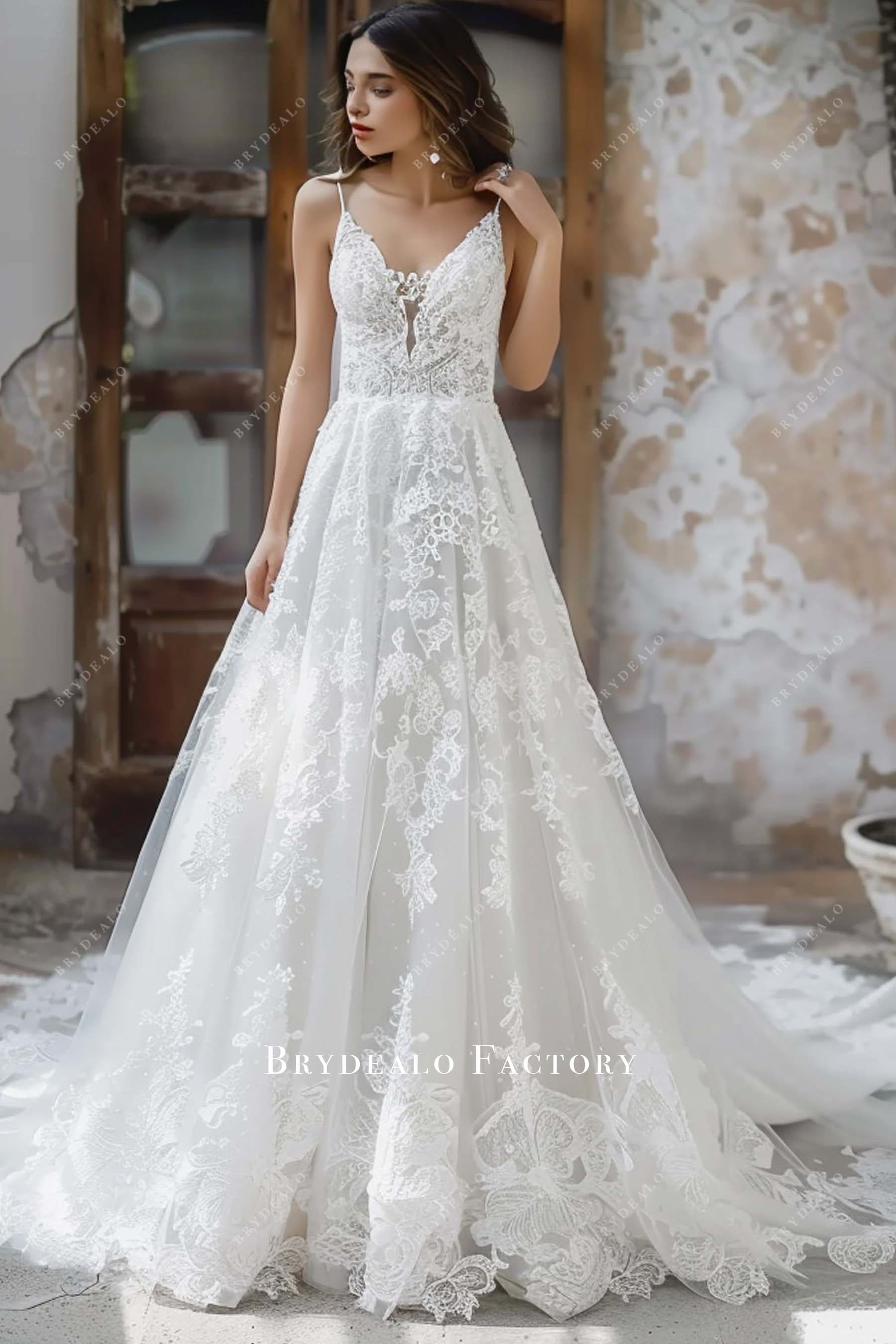 Graceful Lace Spaghetti Straps Destination Wedding Dress