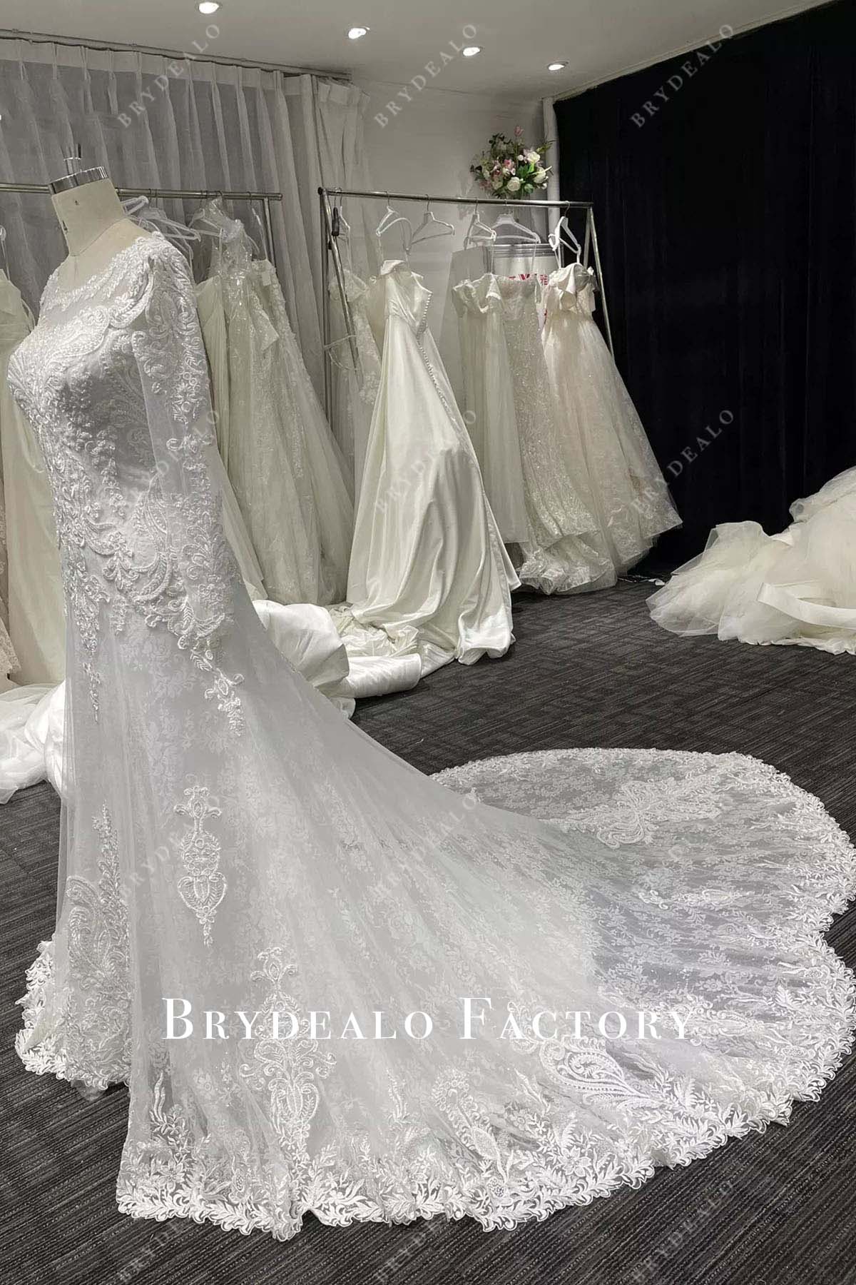lace a line long train wedding dress