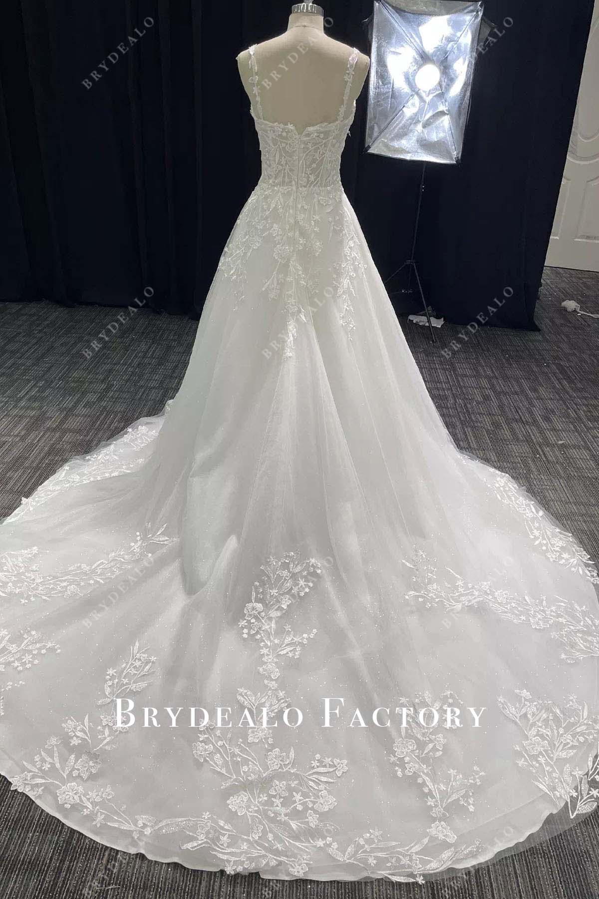 lace appliques chapel train wedding dress