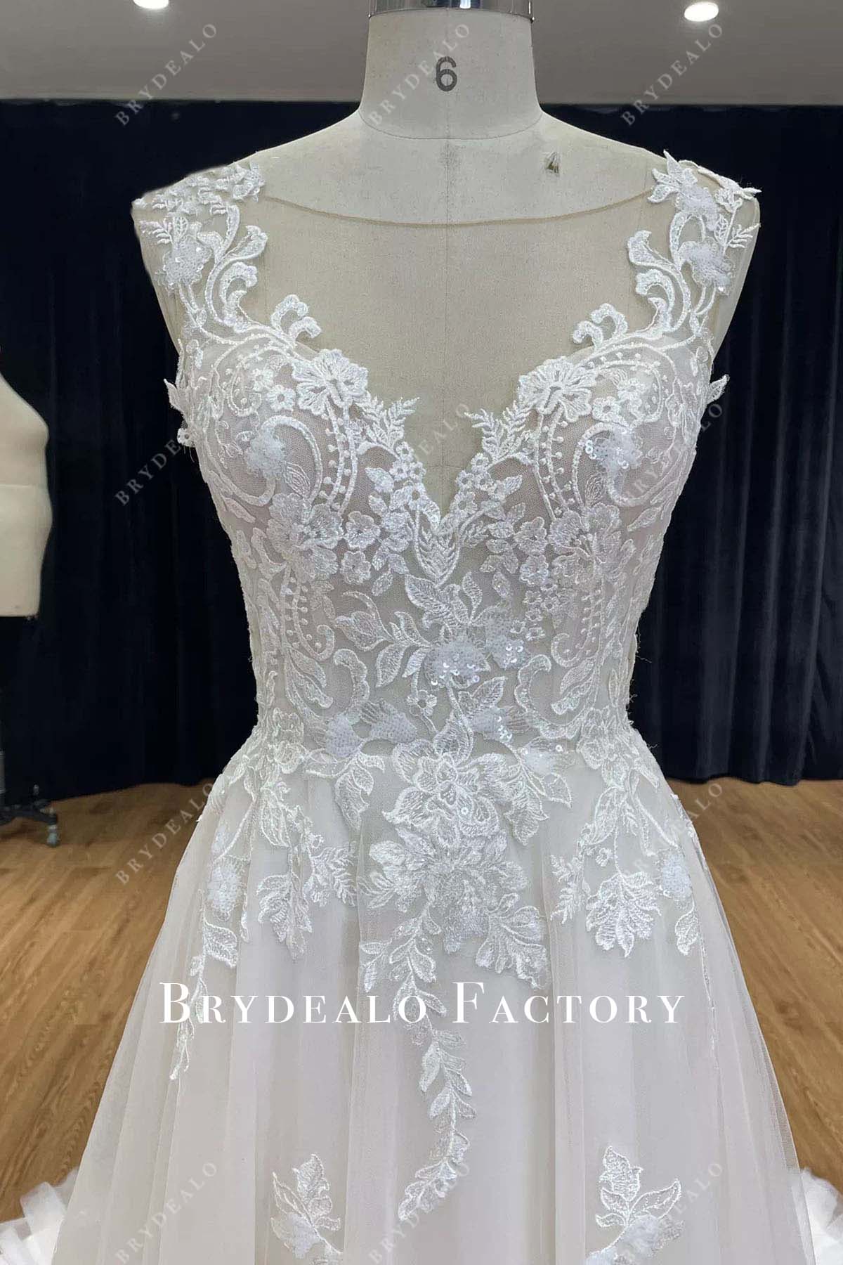 lace appliques illusion neck wedding dress
