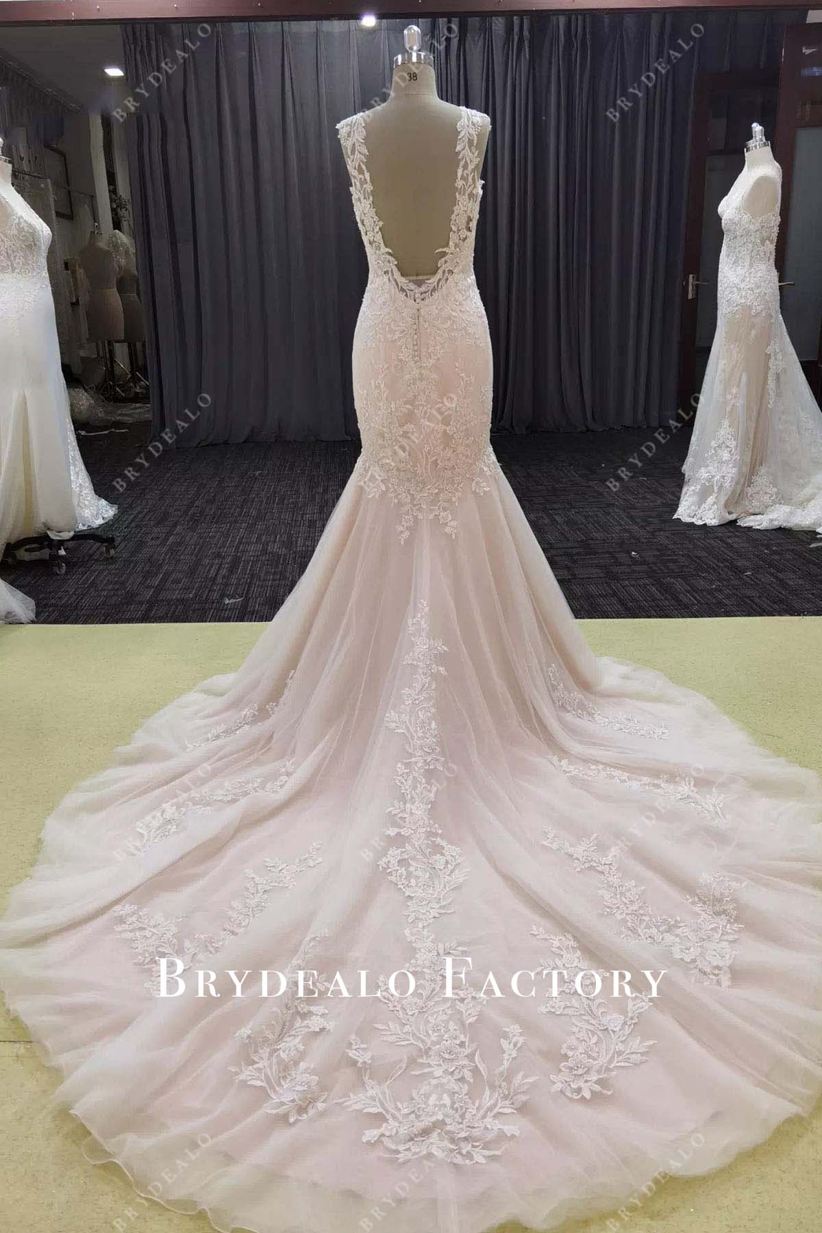 lace appliques mermaid long train wedding dress
