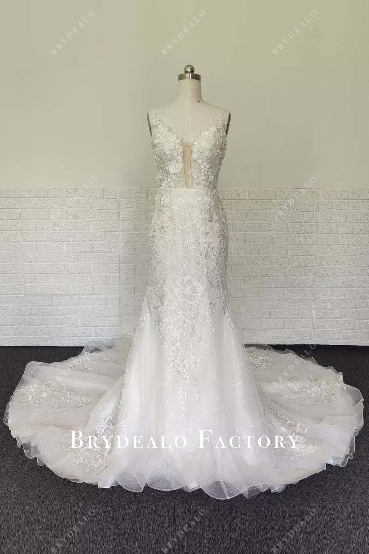 lace appliques thin straps mermaid wedding dress
