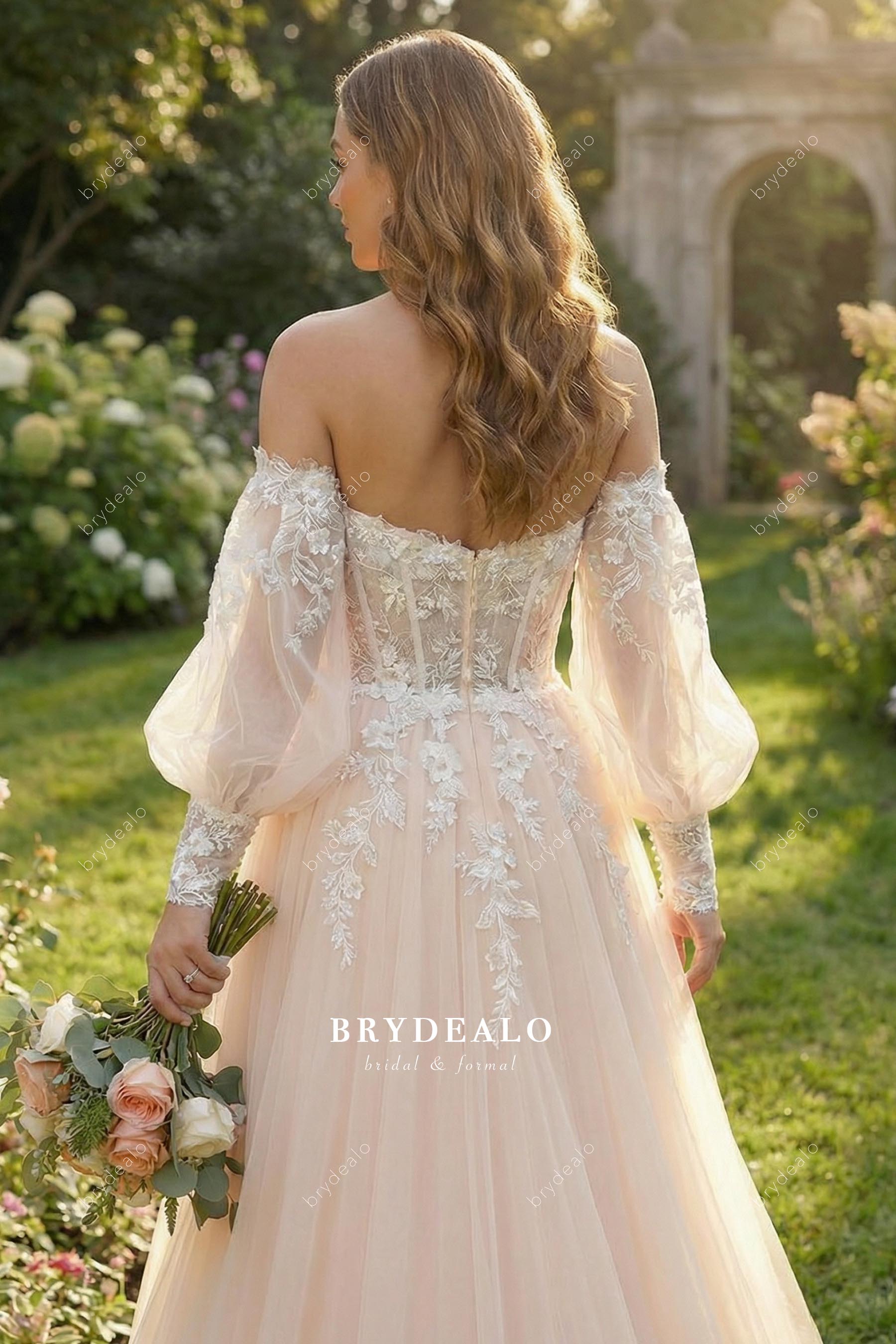 lace blush pink tulle backless wedding dress