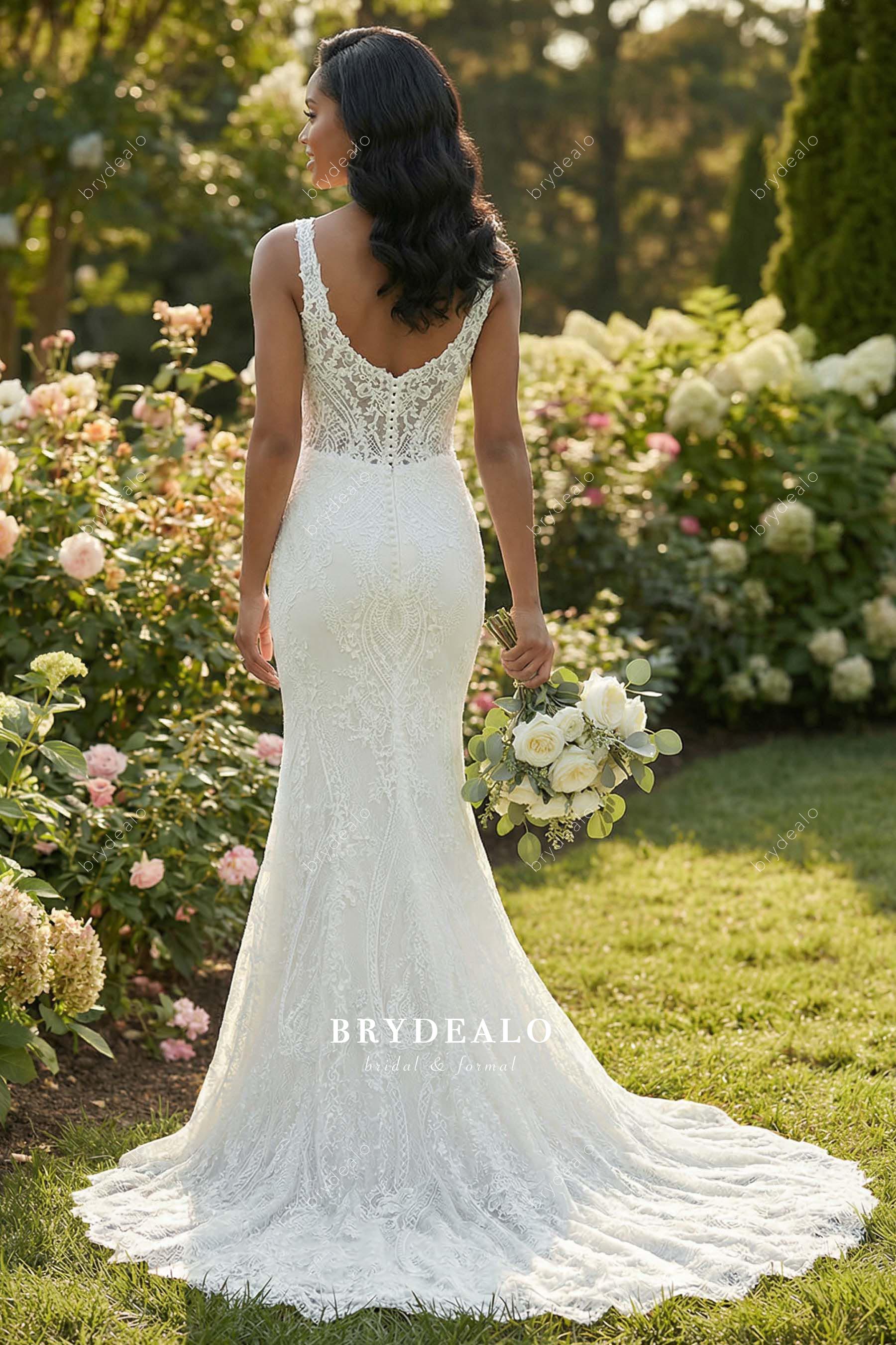 lace buttoned v back bridal dress