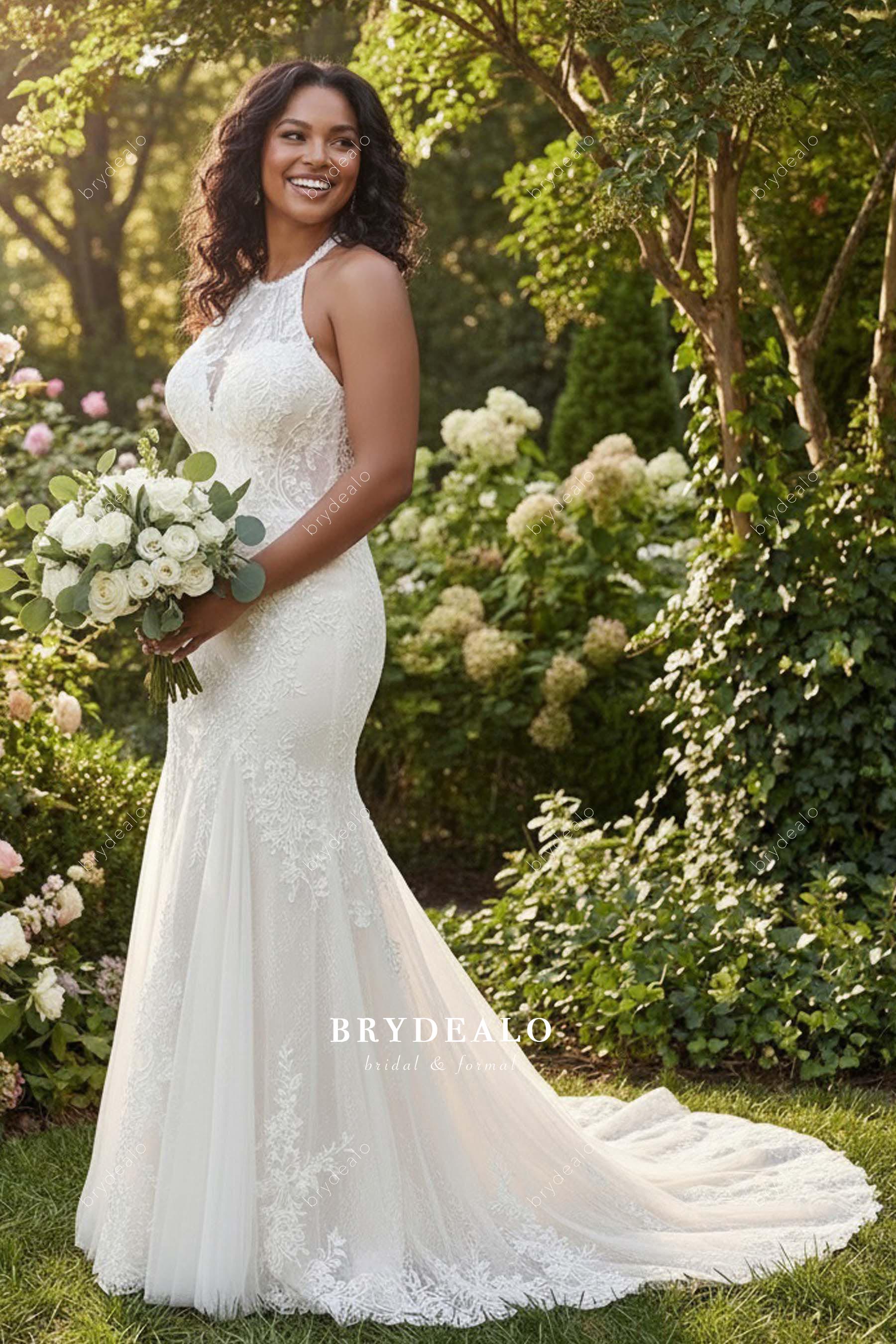 lace chapel train mermaid bridal dress
