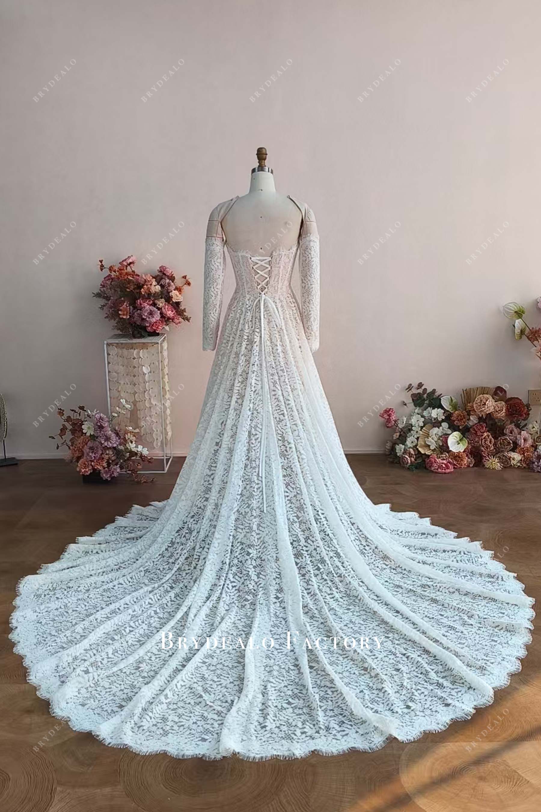 hand made chapel train lace corset back lace bridal dress