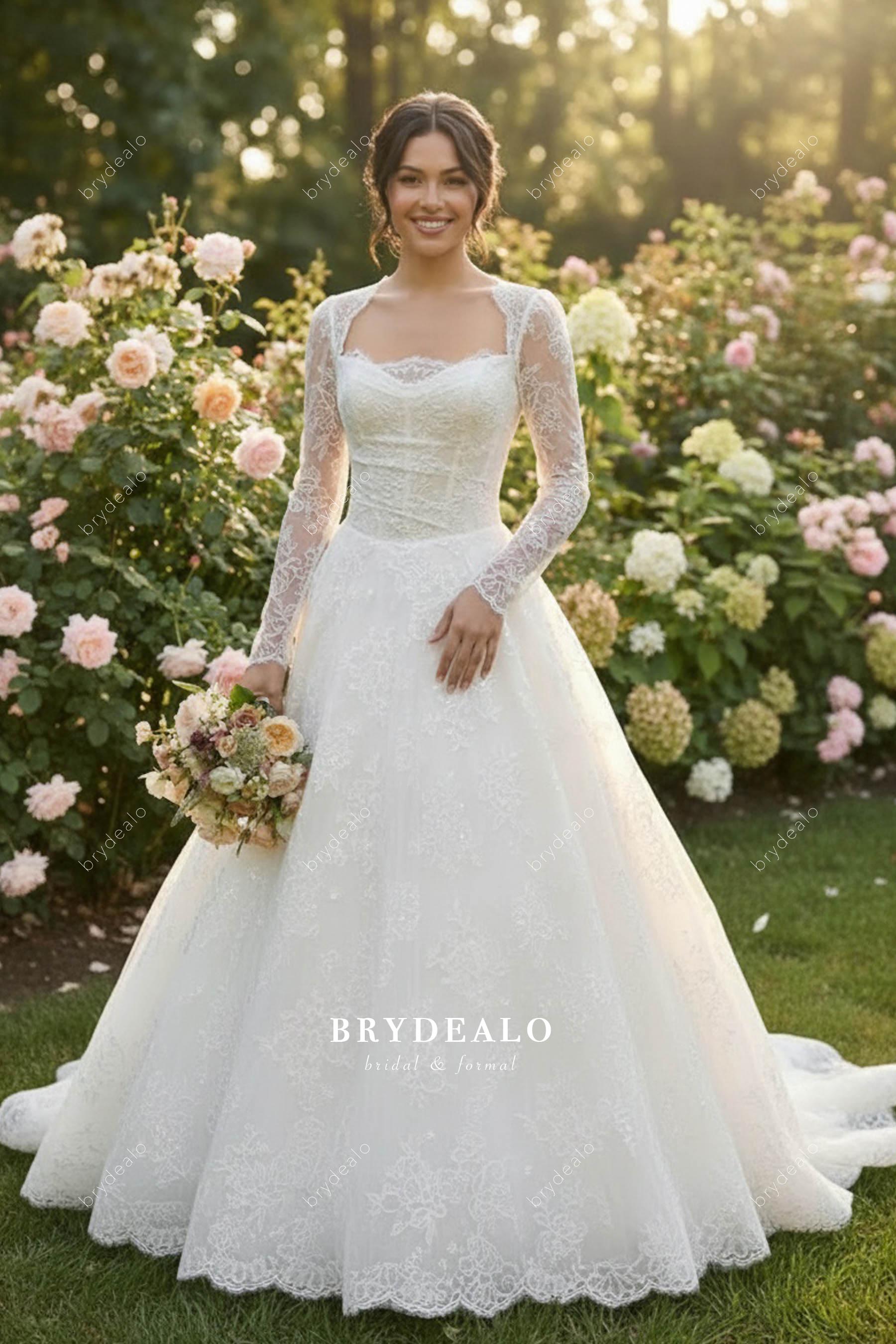 Delicate Lace Queen Anne Neck A-Line Court Train Wedding Dress Delicate Lace Queen Anne Neck A-Line Court Train Wedding Dress