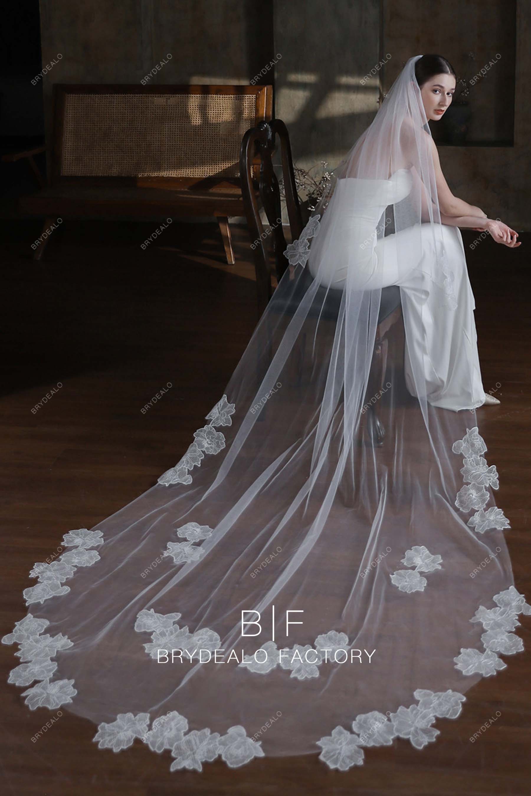Brydealo Factory Romantic Flowers Lace Wholesale Chapel Length Wedding Veil