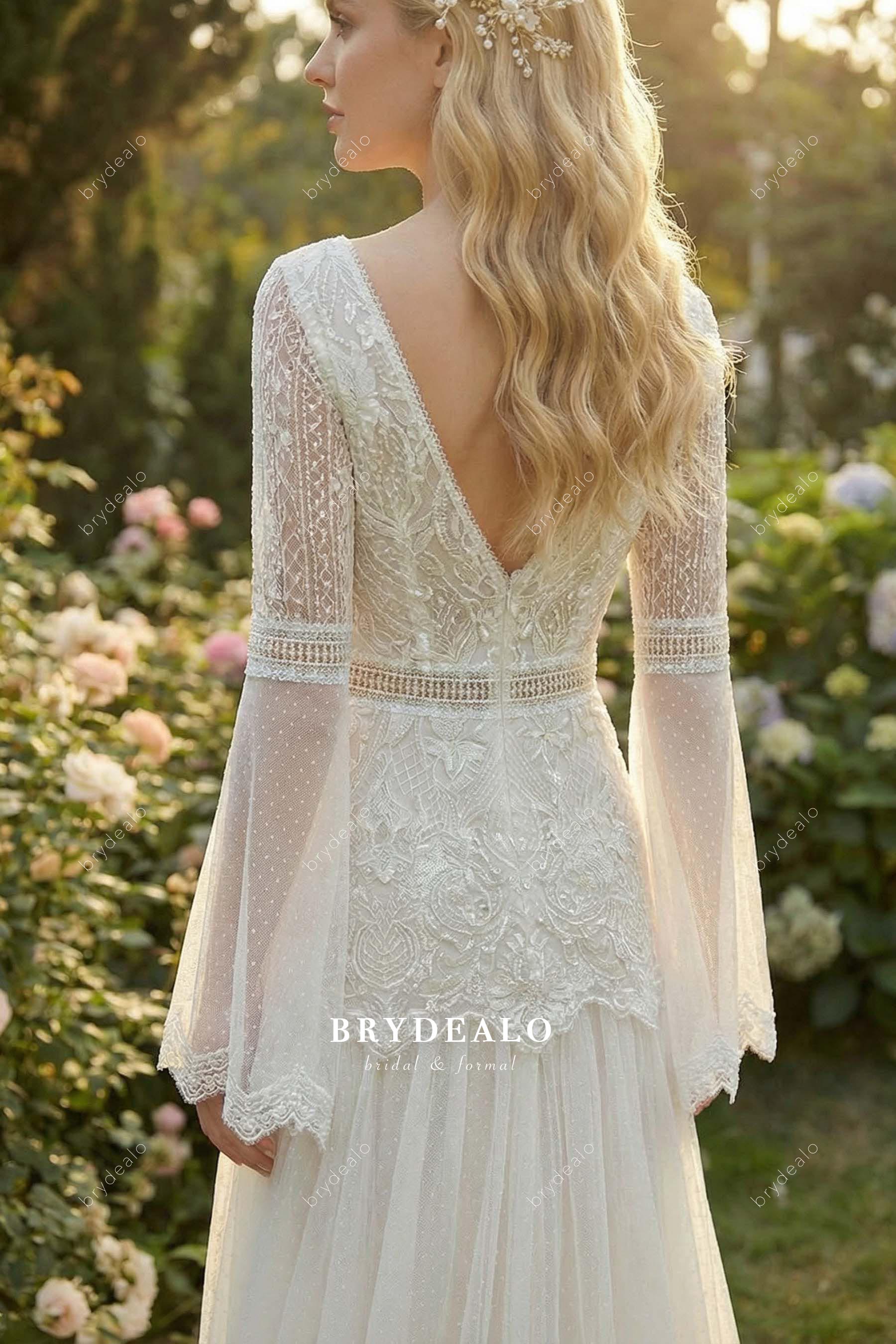 lace plunging back a line bridal dress
