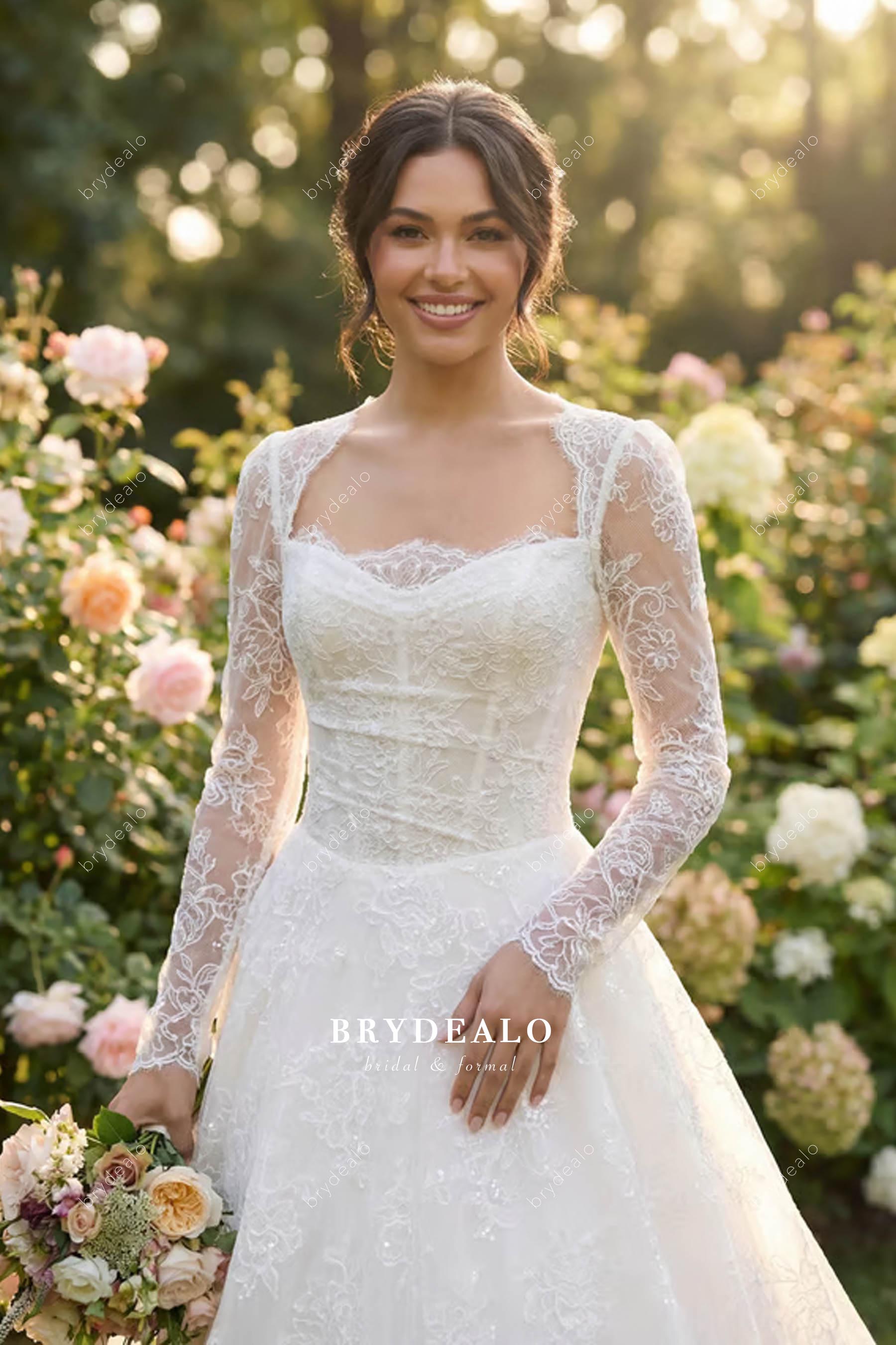 lace queen Anne neck wedding dress