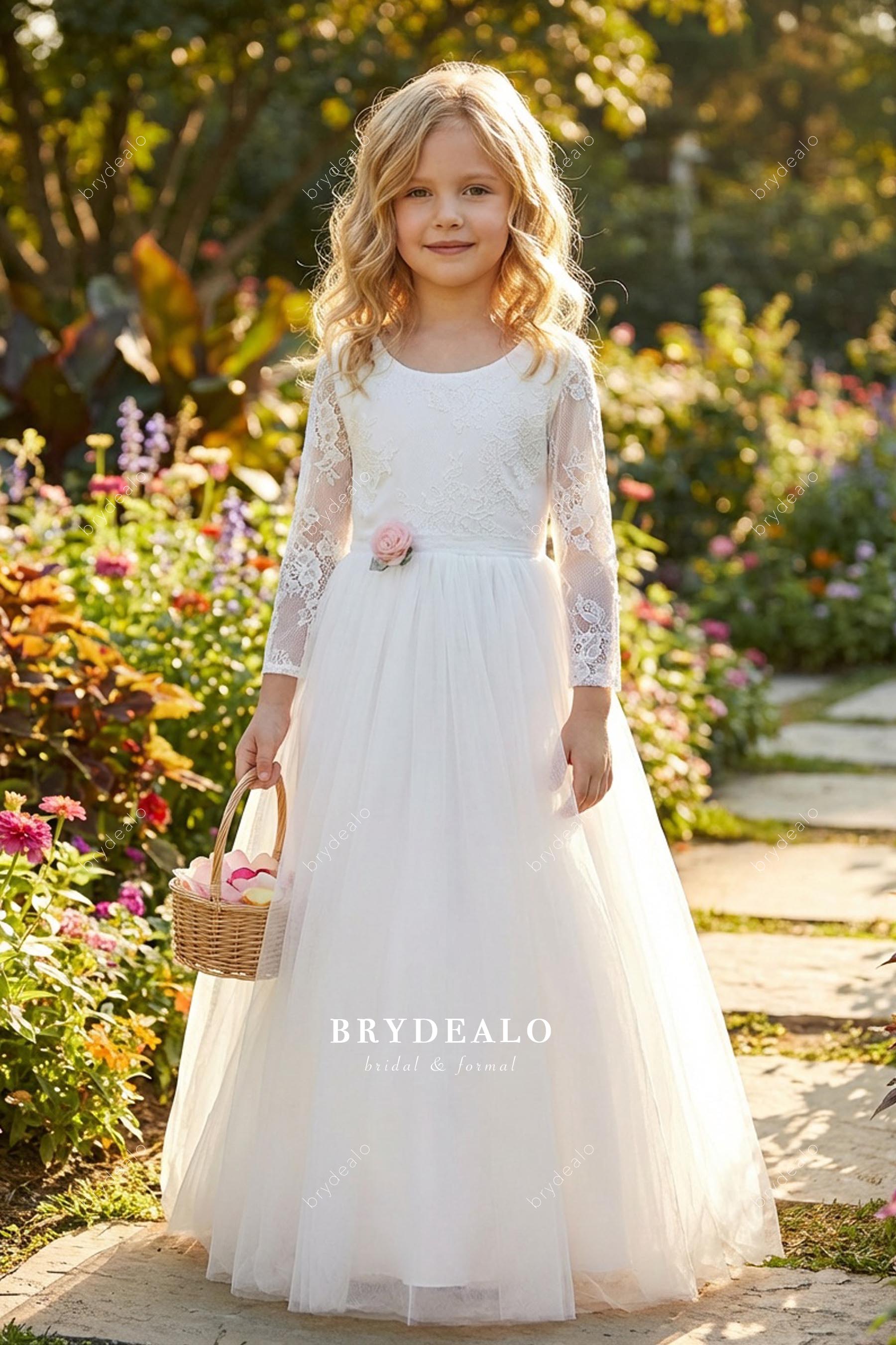 Ultra Soft Lace Tulle Sleeved Floor Length Flower Girl Dress