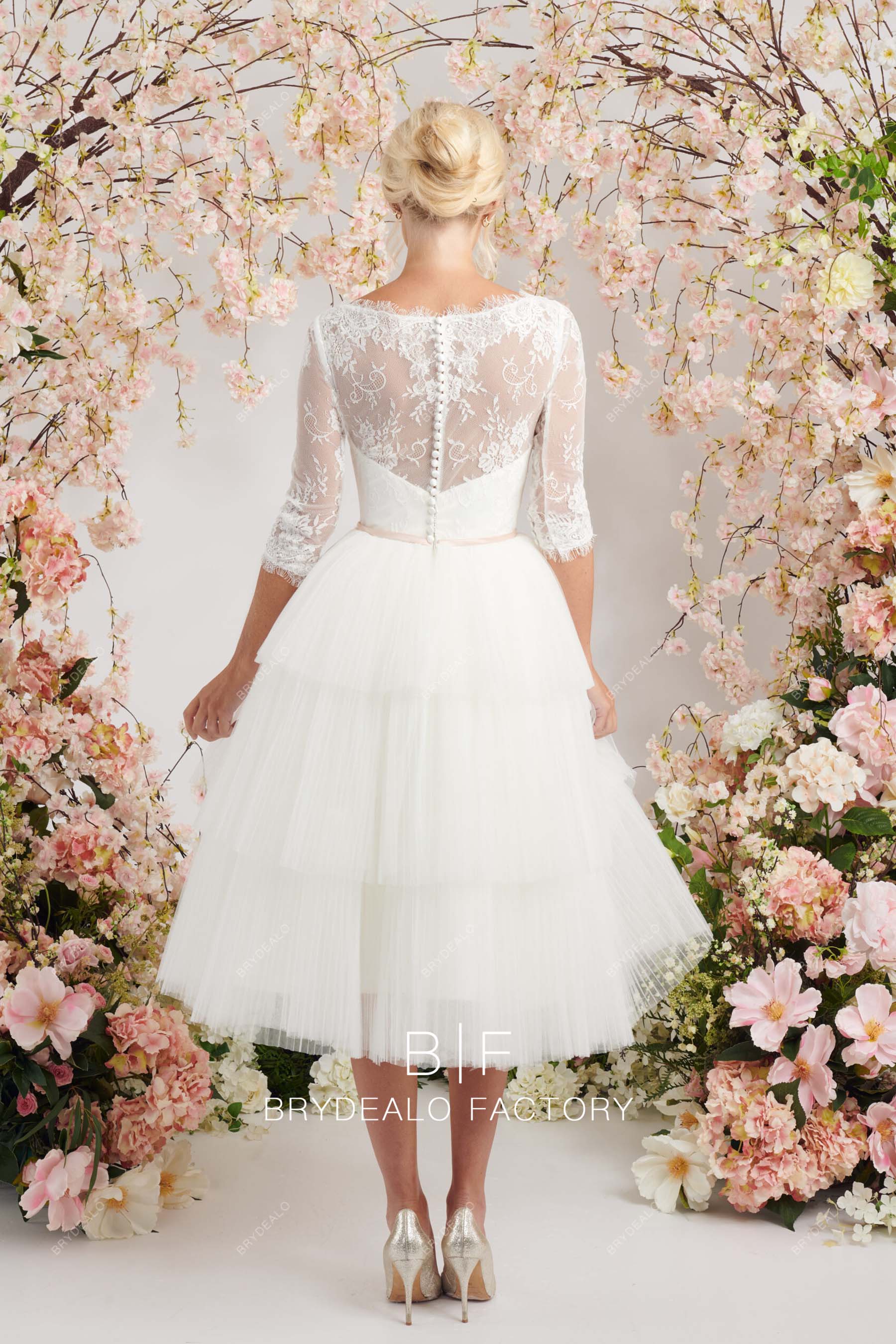 lace sleeves illusion back tea length bridal dress
